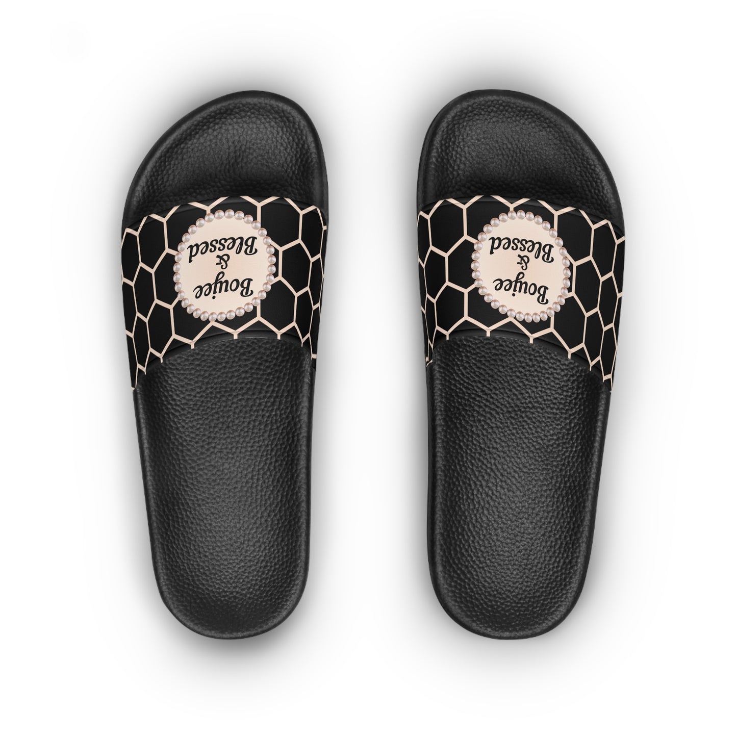 Boujee & Blessed Peach Honeycomb Pearl-Emblem Women’s Slides Sandals,
