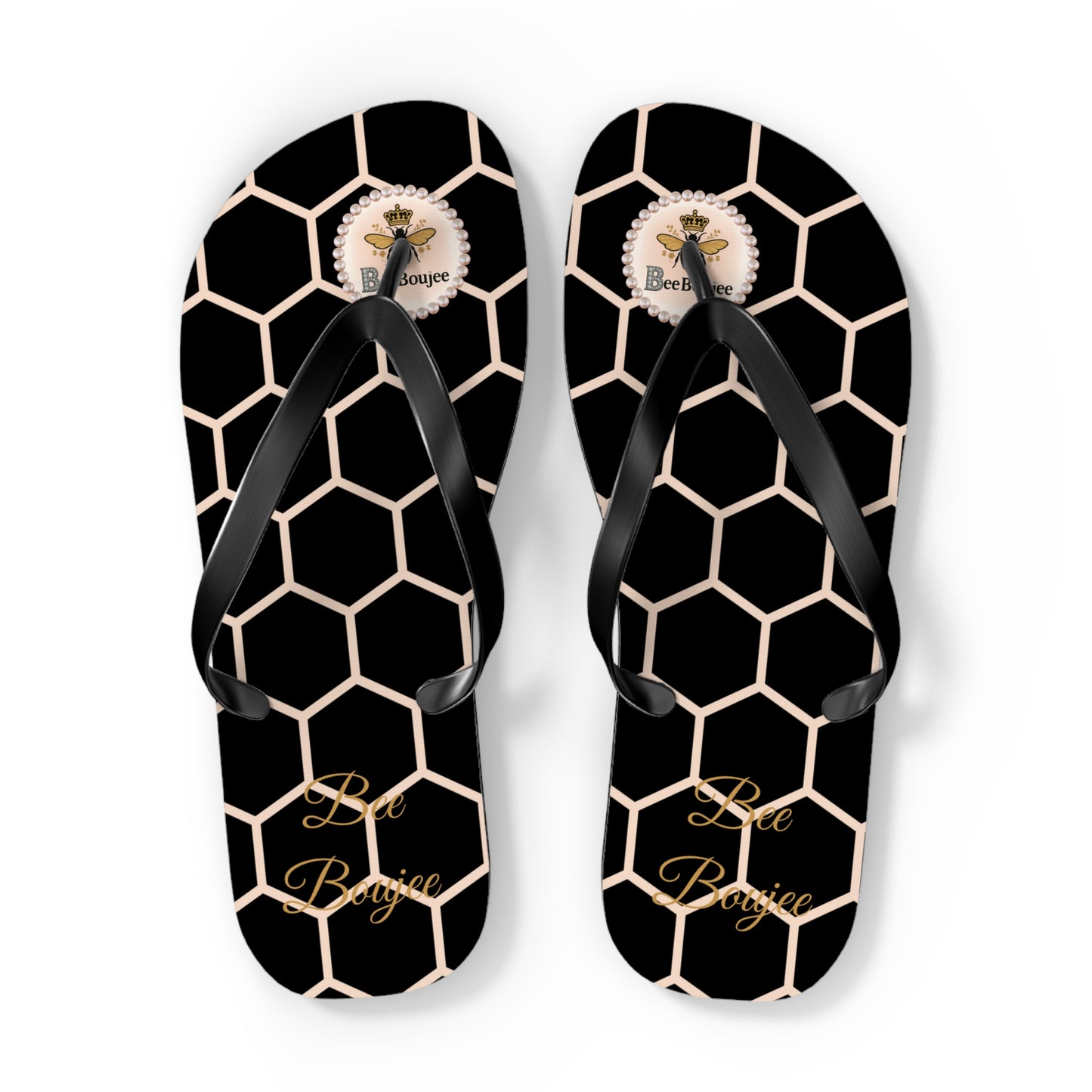 Bee Boujee Peach Honeycomb Flip-Flops (Black & Gold) - EXTRA LARGE