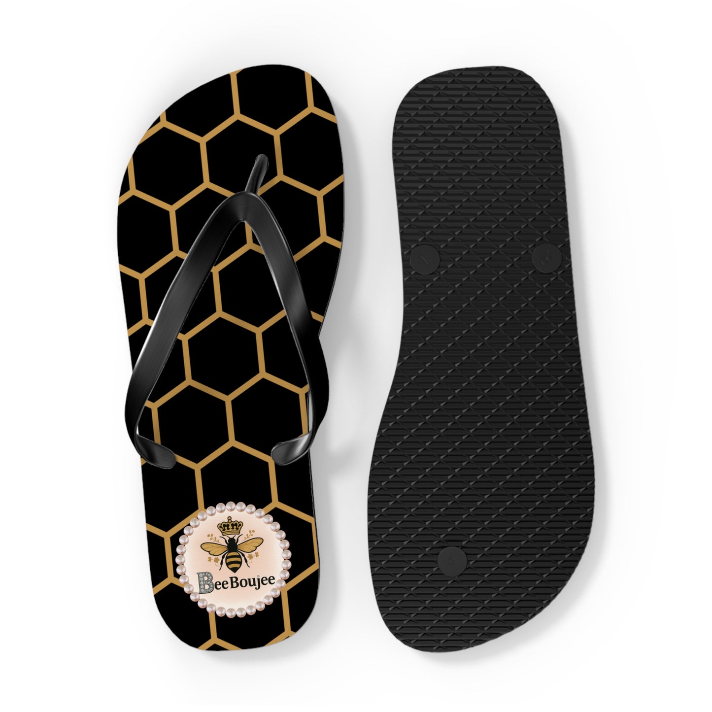Bee Boujee Flip Flops - BLACK Golden Honeycomb - EXTRA LARGE