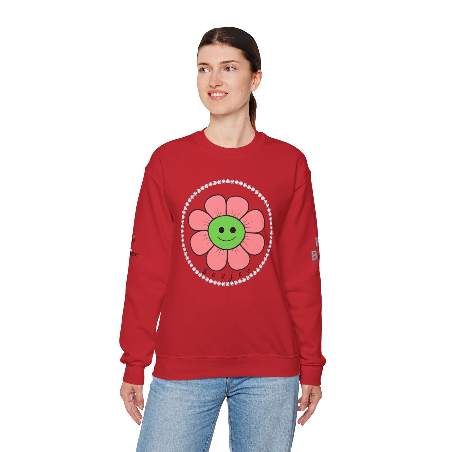 Boujee Flower Smiley Face Pink Green - Heavy Blend™ Light Colors Crewneck Sweatshirt