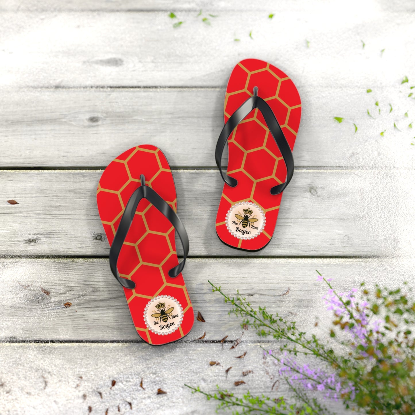 The Boujee Hive Crowned-Bee Flip-Flops (RED/Golden Honeycomb) - SMALL
