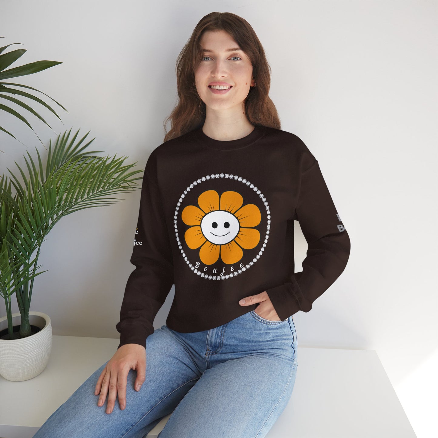 Boujee Flower Smiley Face Gold White - Heavy Blend™ Dark Colors Crewneck Sweatshirt
