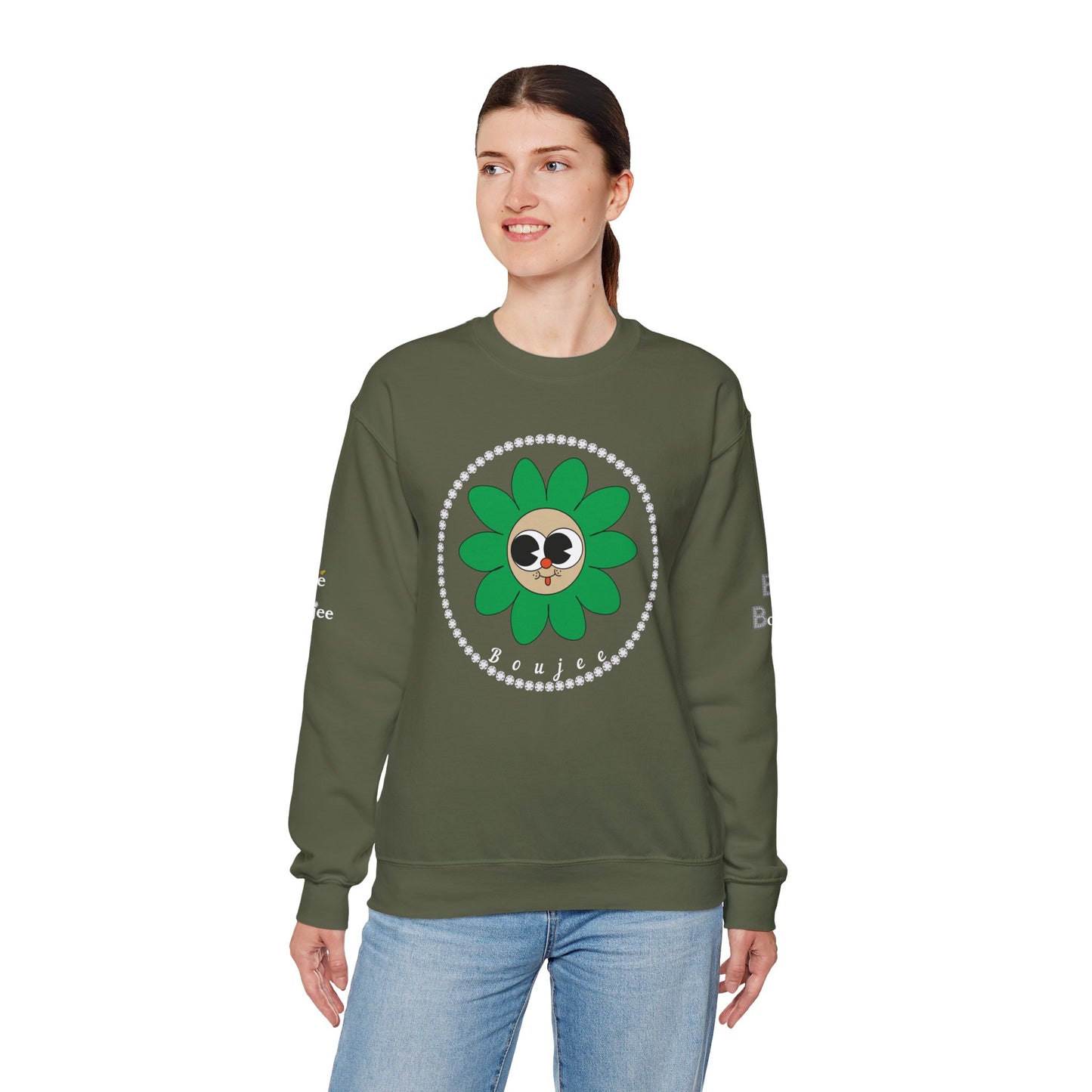 Boujee Flower Smiley Face Green Tan Wide-Eyed - Heavy Blend™ Dark Colors Crewneck Sweatshirt