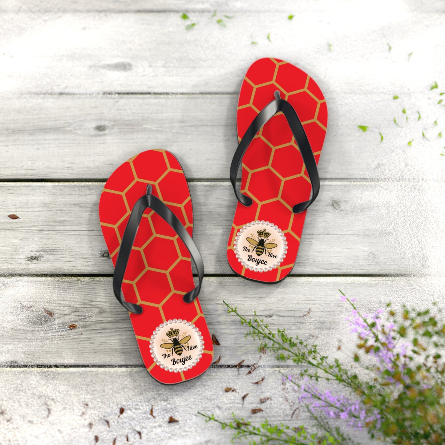 The Boujee Hive Flip Flops - RED Golden Honeycomb - MEDIUM