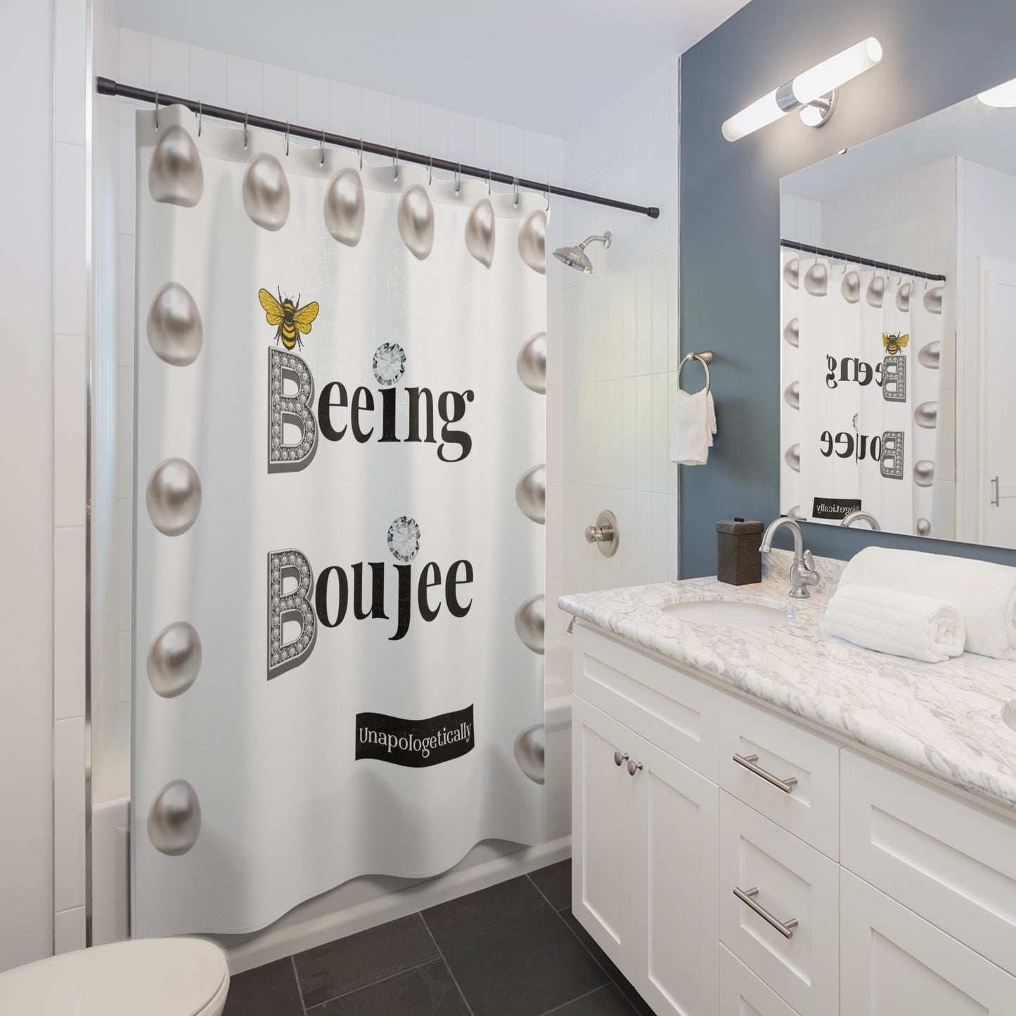 Beeing Boujee - Shower Curtain WHITE with PEARLS
