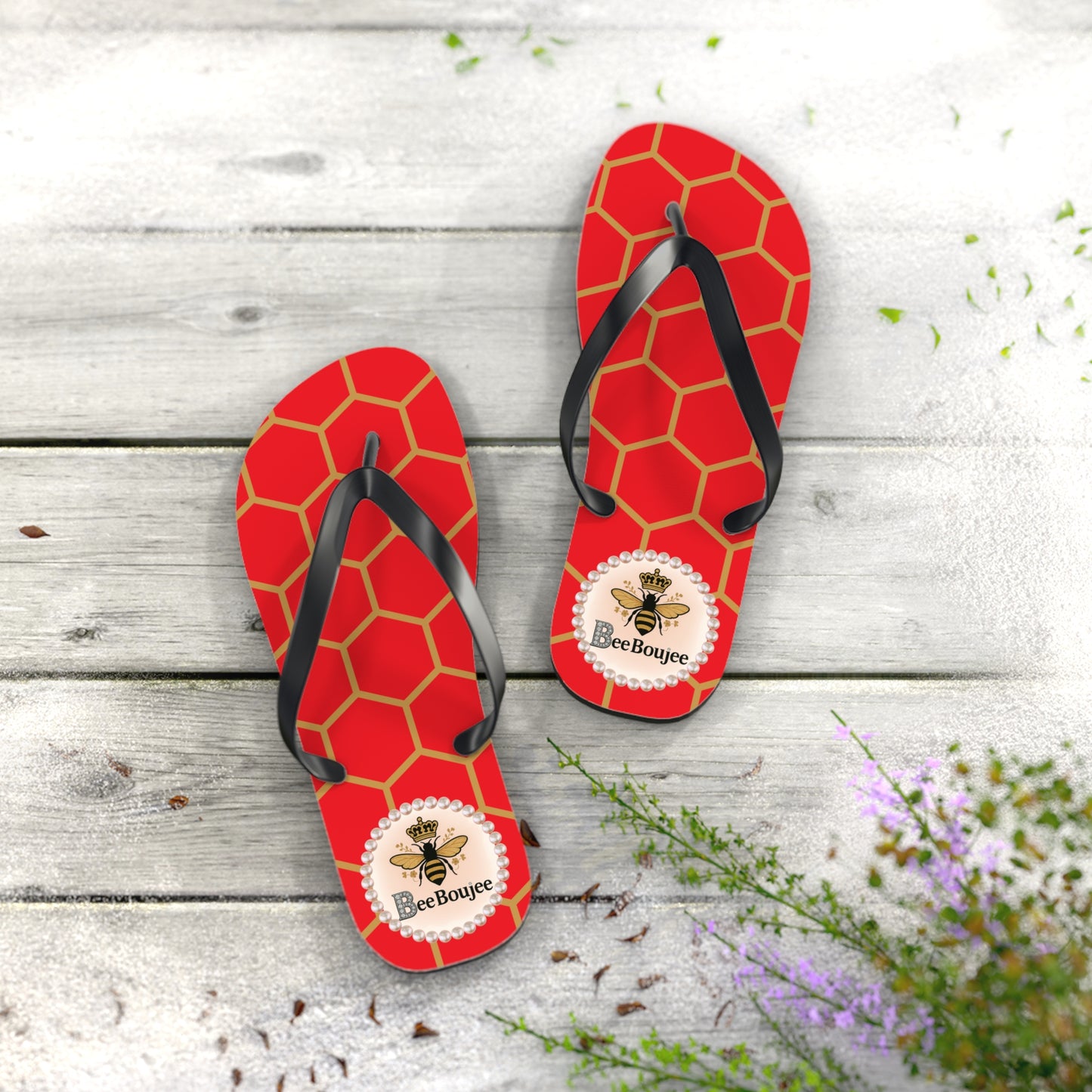 Bee Boujee Flip Flops - RED Golden Honeycomb - LARGE