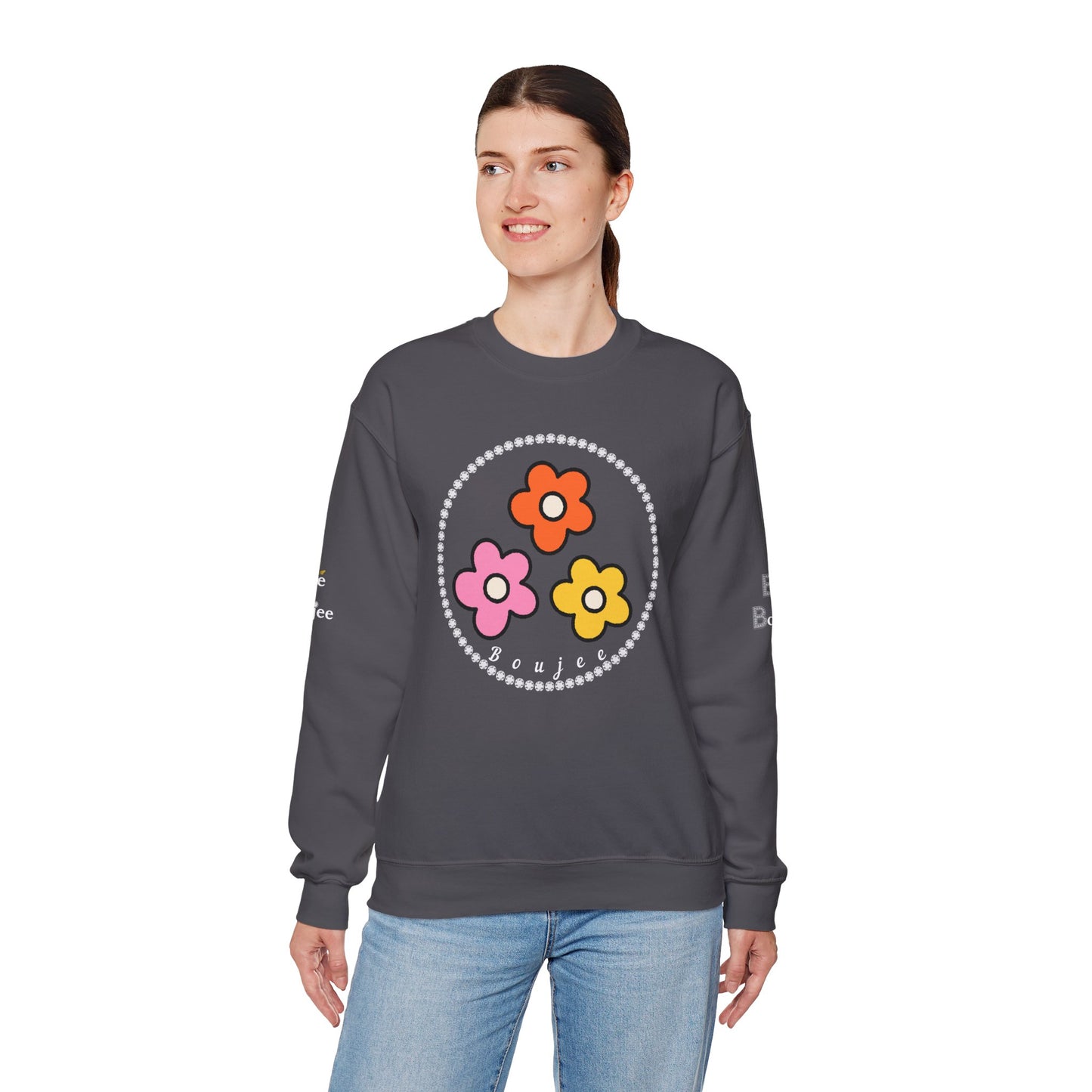 Boujee Mini Flowers Pink Orange Yellow in Diamonds Heavy Blend™ Dark Colors Crewneck Sweatshirt