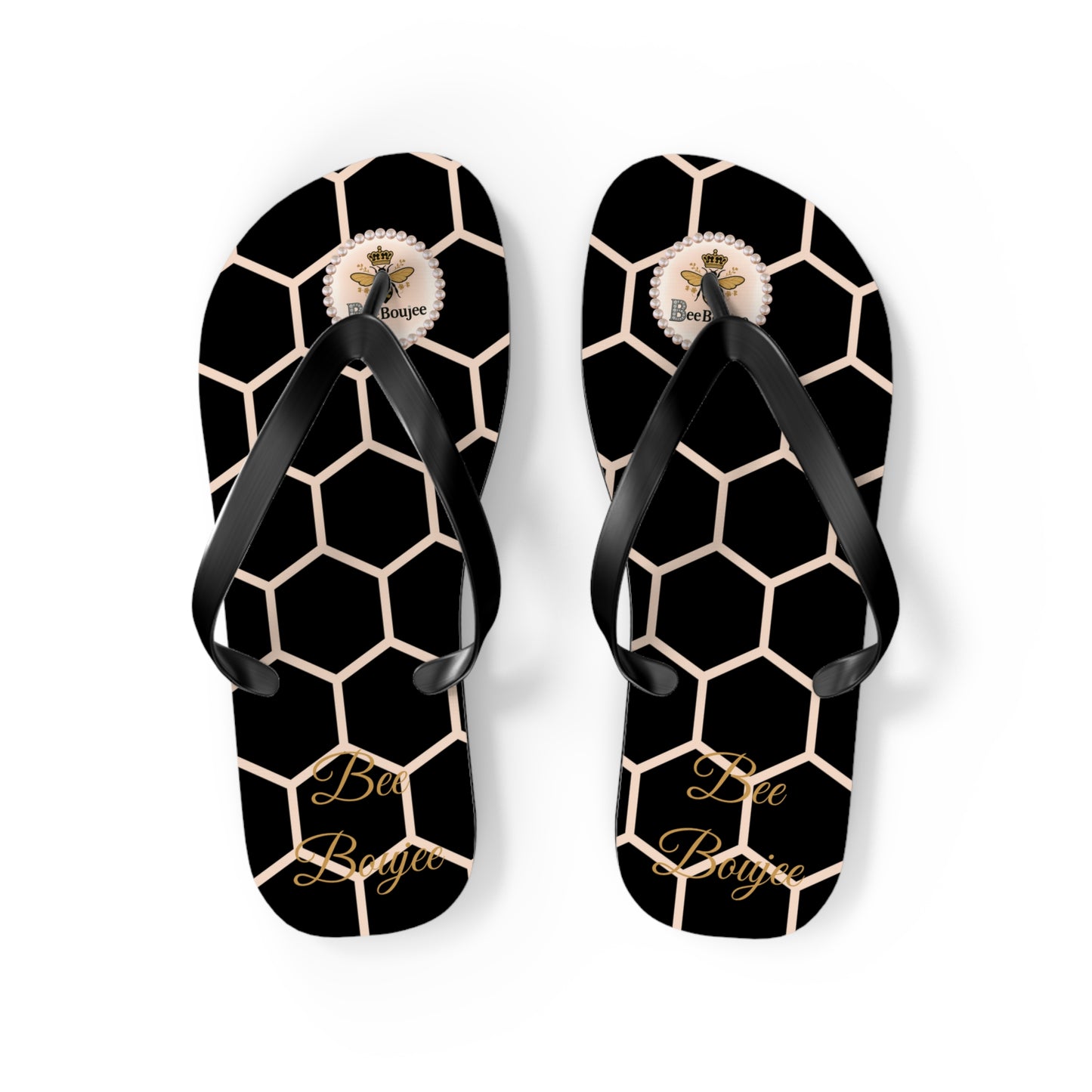 Bee Boujee Peach Honeycomb Flip-Flops (Black & Gold) - MEDIUM