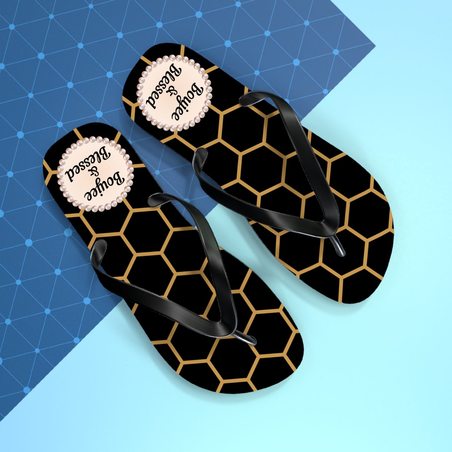 Boujee & Blessed Flip Flops - BLACK Golden Honeycomb - LARGE