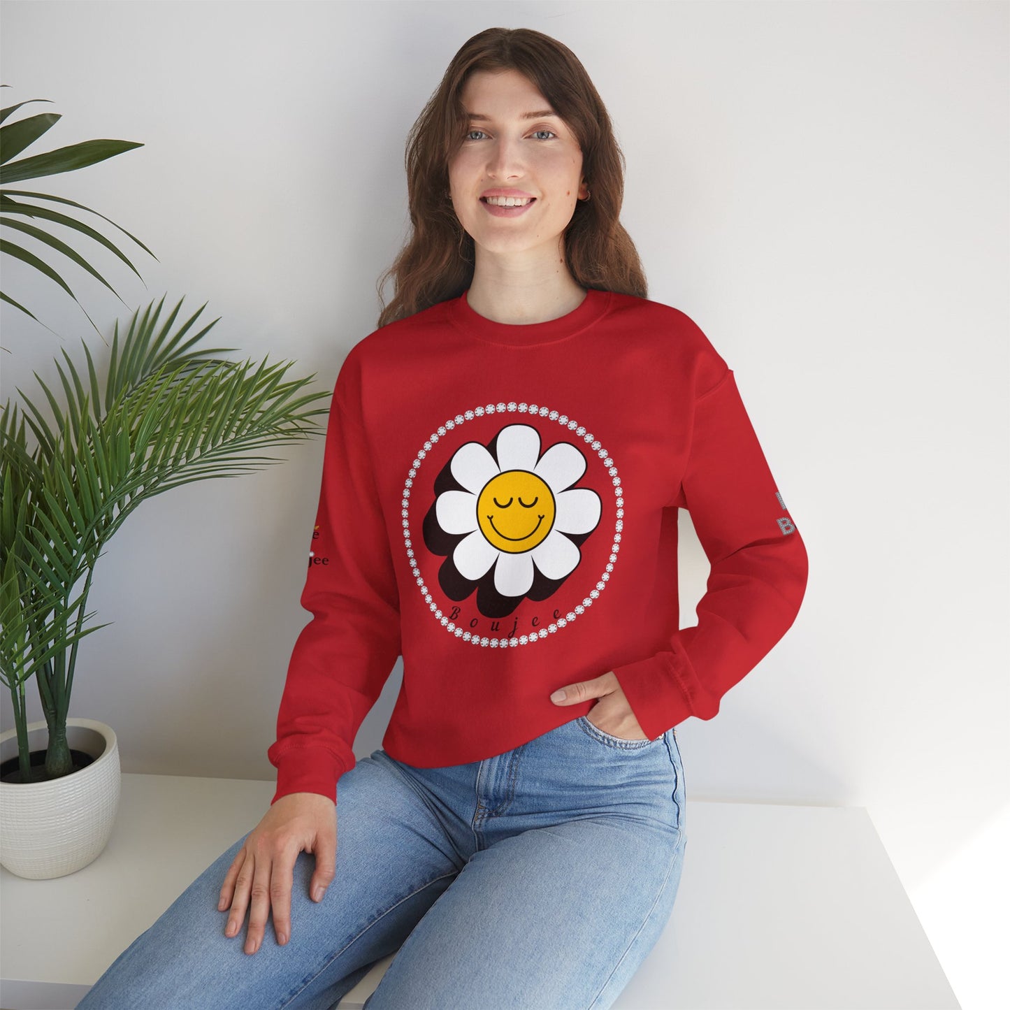 Boujee Flower Smiley Face Closed Eyes White Gold - Heavy Blend™ Light Colors Crewneck Sweatshirt