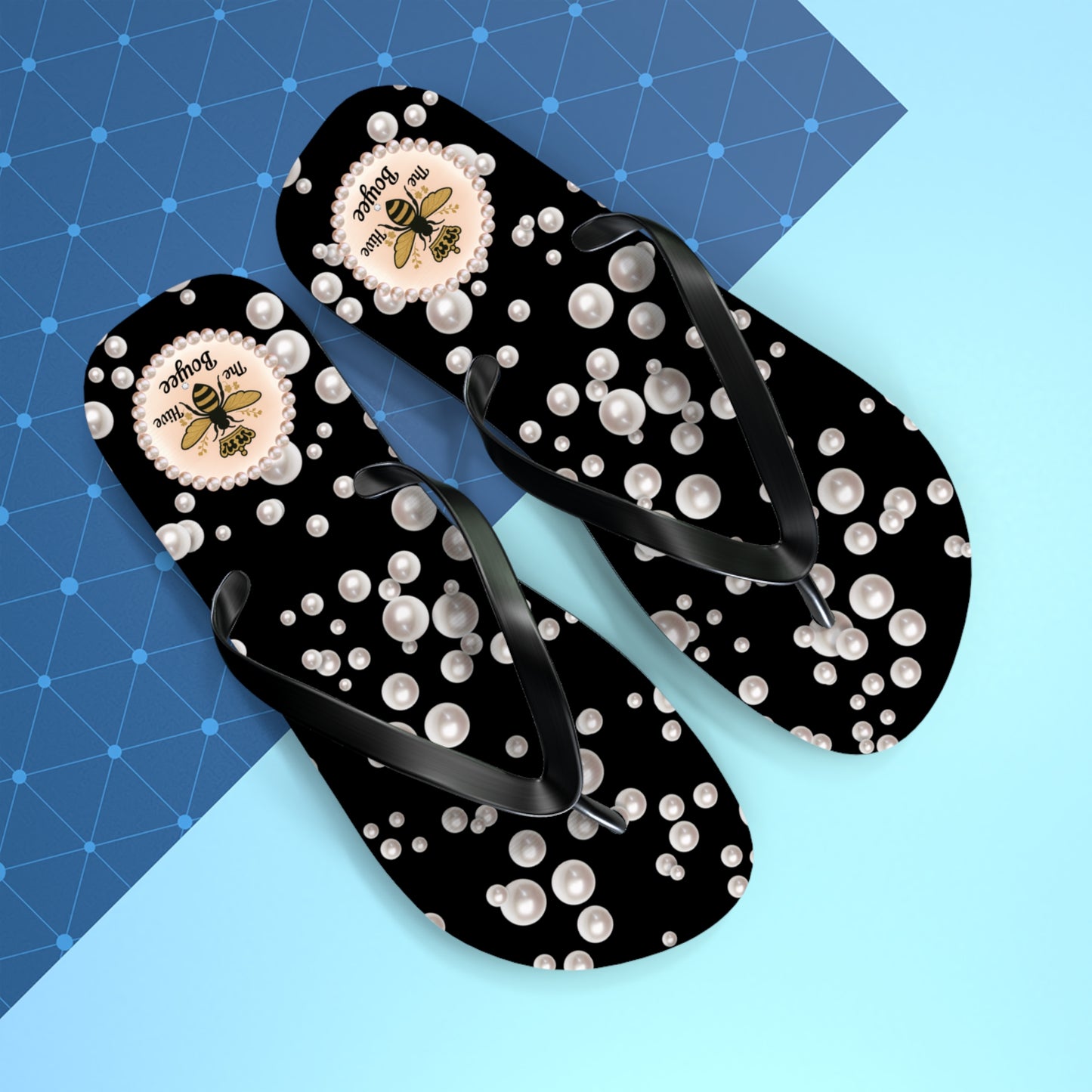 The Boujee Hive Flip Flops - BLACK in Sea of Pearls - EXTRA LARGE
