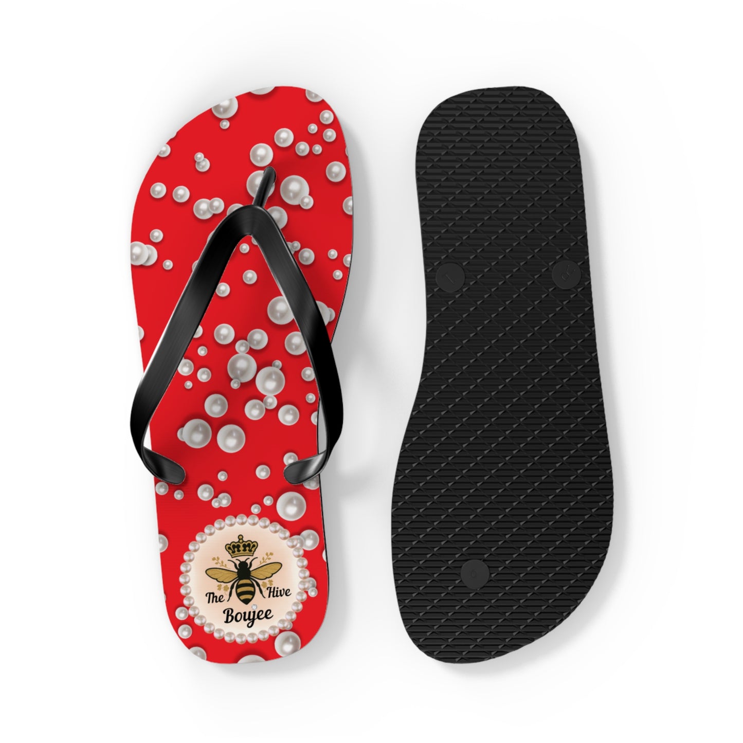 The Boujee Hive Flip Flops - RED in Sea of Pearls - LARGE