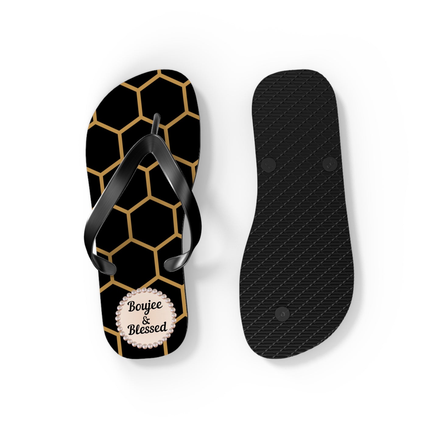 Boujee & Blessed Crowned-Bee Flip-Flops (BLACK/Golden Honeycomb) - SMALL