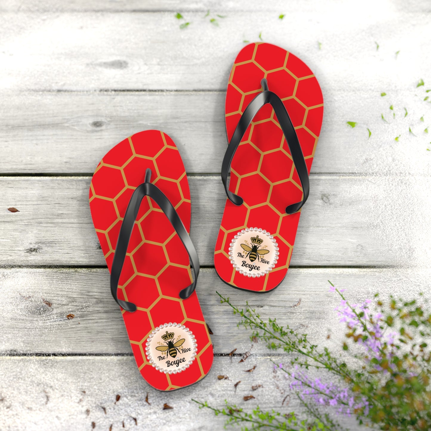 The Boujee Hive Flip Flops - RED Golden Honeycomb - EXTRA LARGE