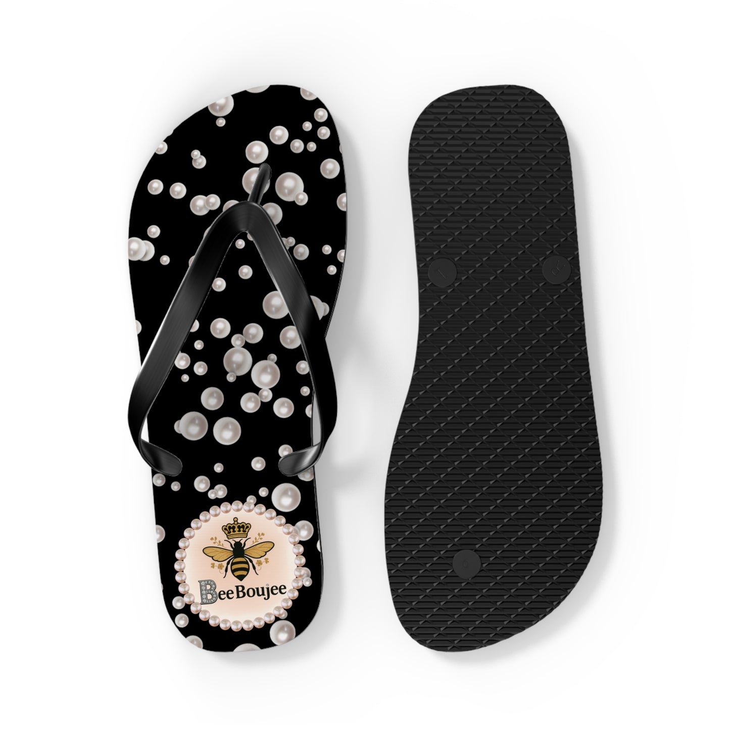 Bee Boujee Flip Flops - BLACK in Sea of Pearls - LARGE