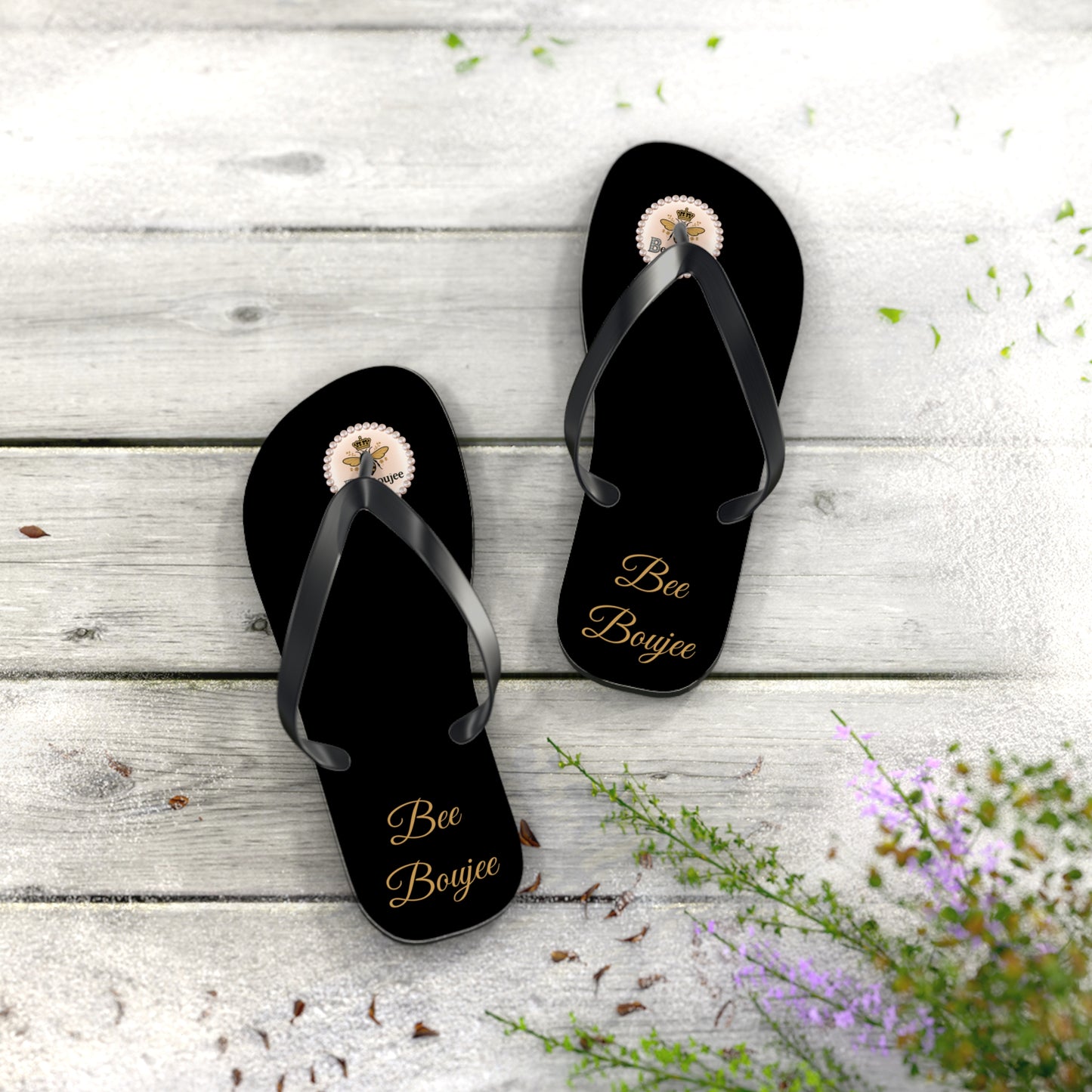Bee Boujee Crowned-Bee Flip-Flops (Black & Gold) - MEDIUM
