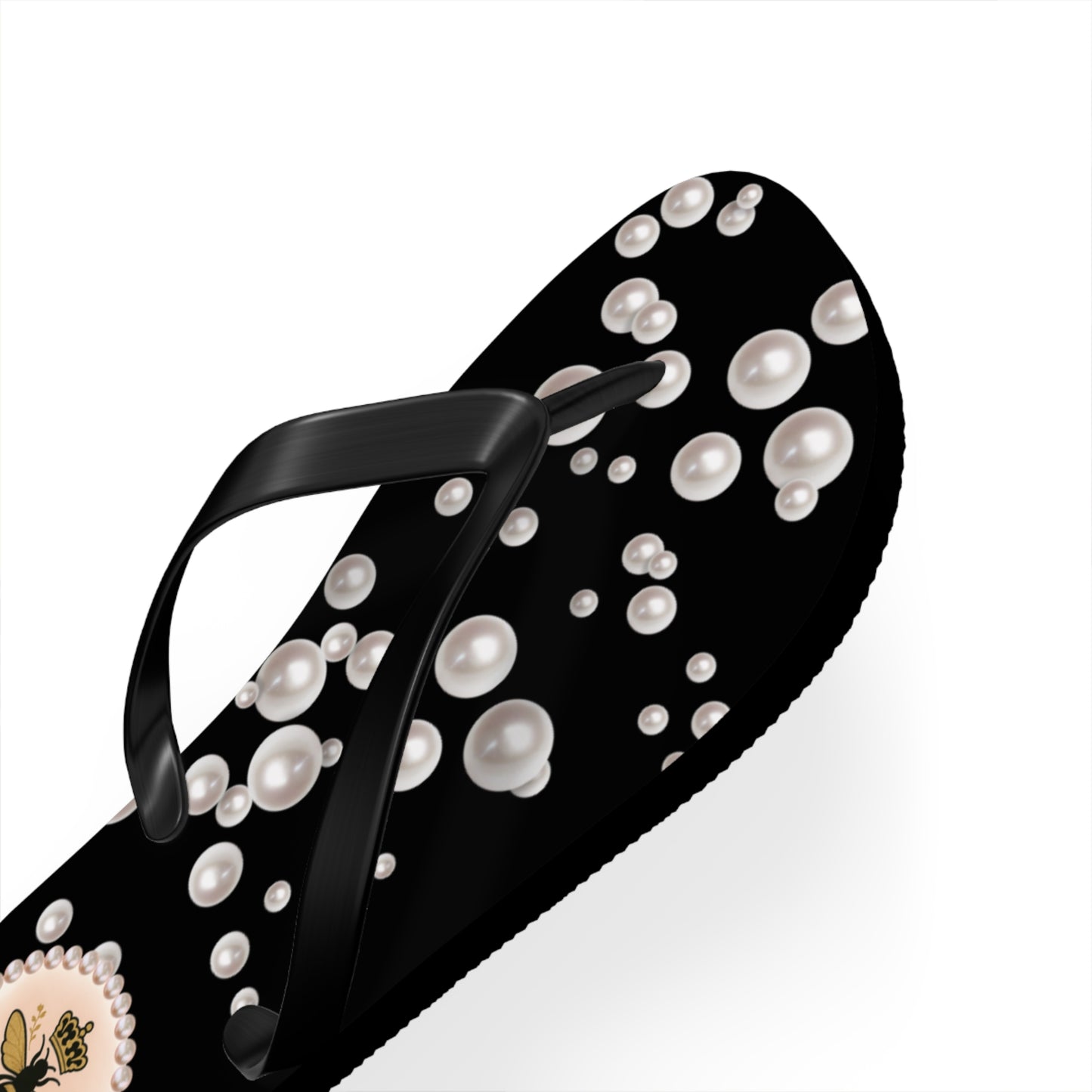 The Boujee Hive Crowned-Bee BLACK (Sea of Pearls) Flip-Flops - SMALL
