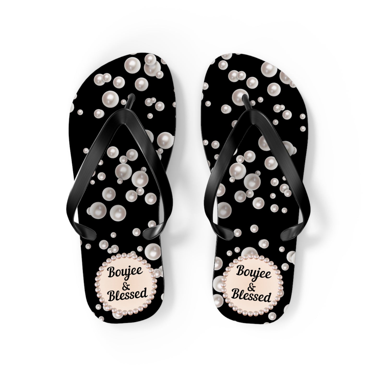 Boujee & Blessed Flip Flops - BLACK in Sea of Pearls - MEDIUM