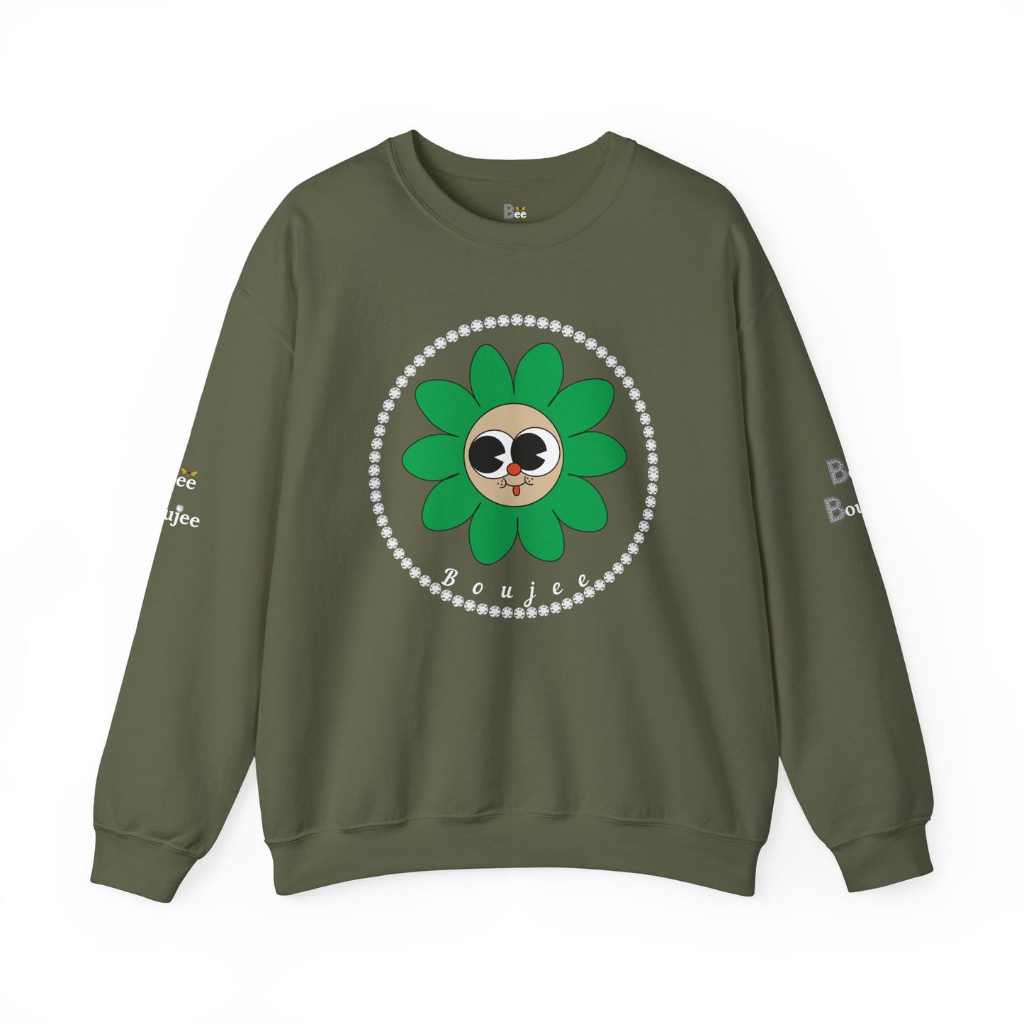 Boujee Flower Smiley Face Green Tan Wide-Eyed - Heavy Blend™ Dark Colors Crewneck Sweatshirt