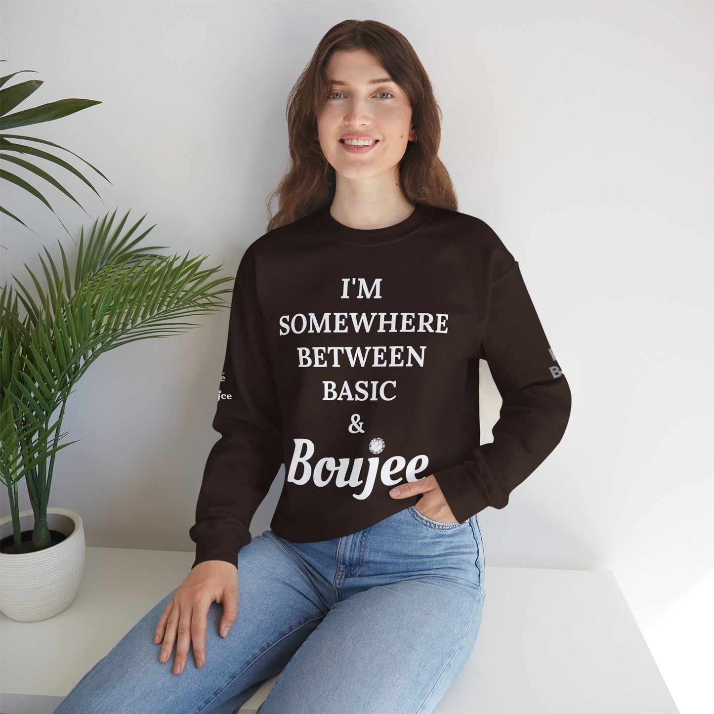 I'm Somewhere Between Basic & Boujee - Heavy Blend™ Dark Colors Crewneck Sweatshirt
