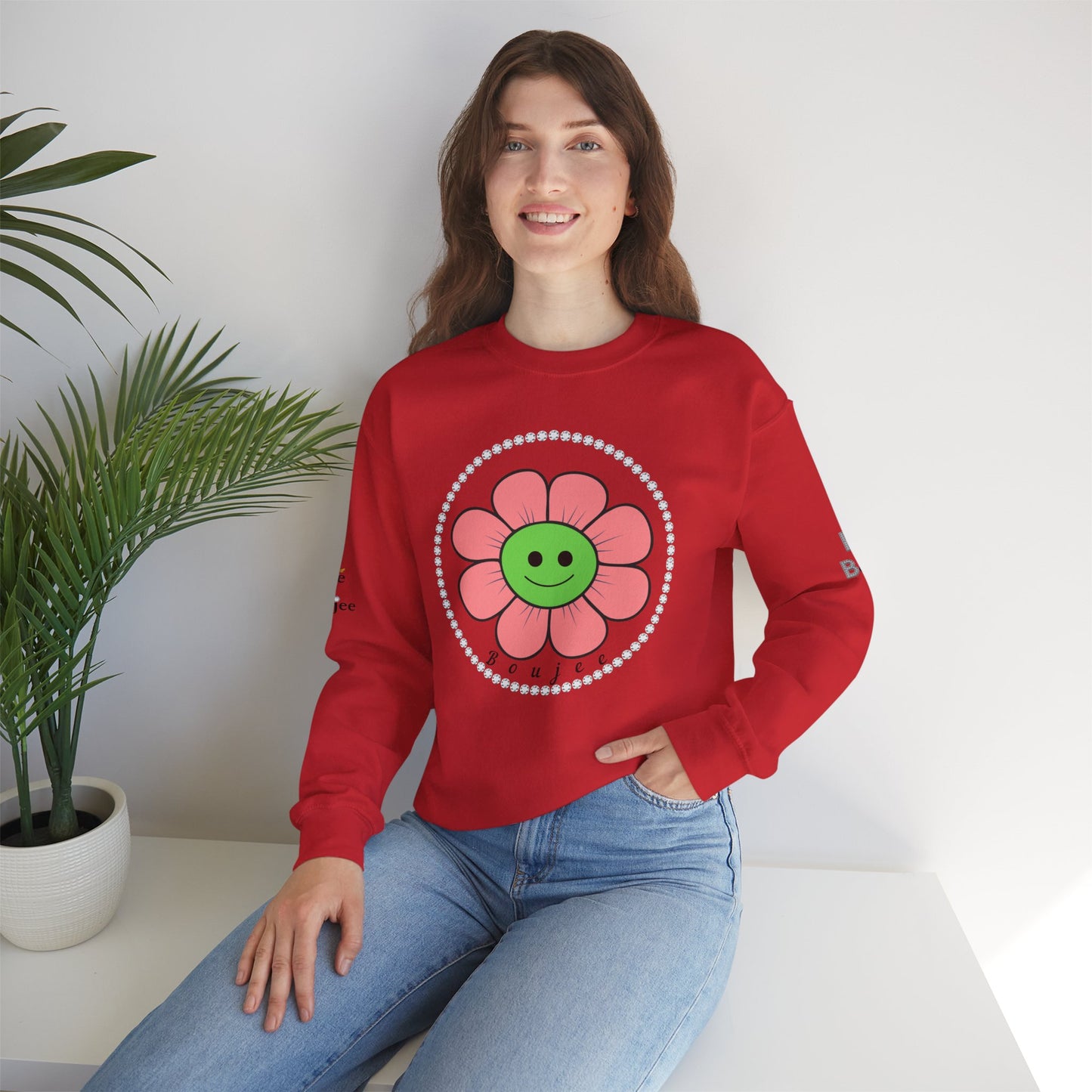 Boujee Flower Smiley Face Pink Green - Heavy Blend™ Light Colors Crewneck Sweatshirt