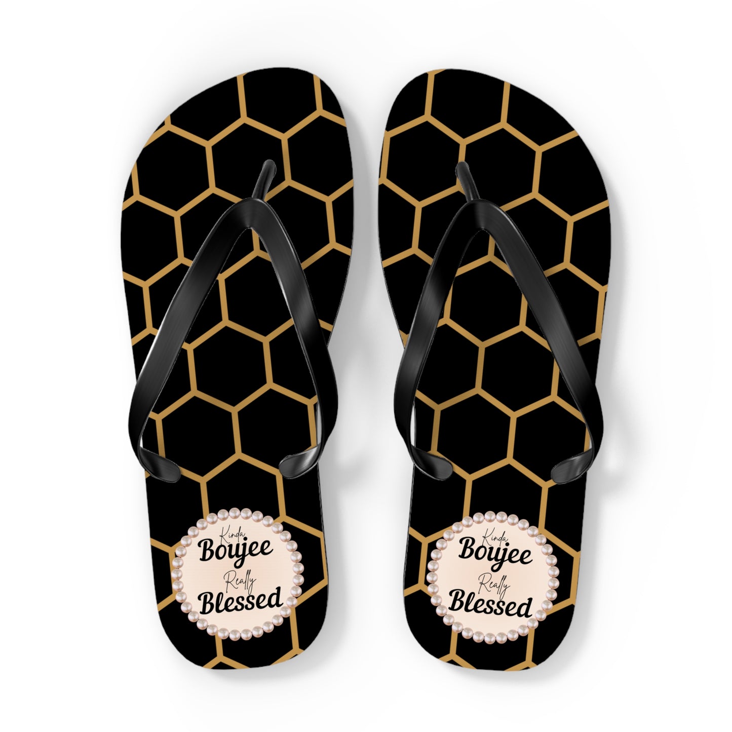 Kinda Boujee Really Blessed Flip Flops - BLACK Golden Honeycomb - EXTRA LARGE