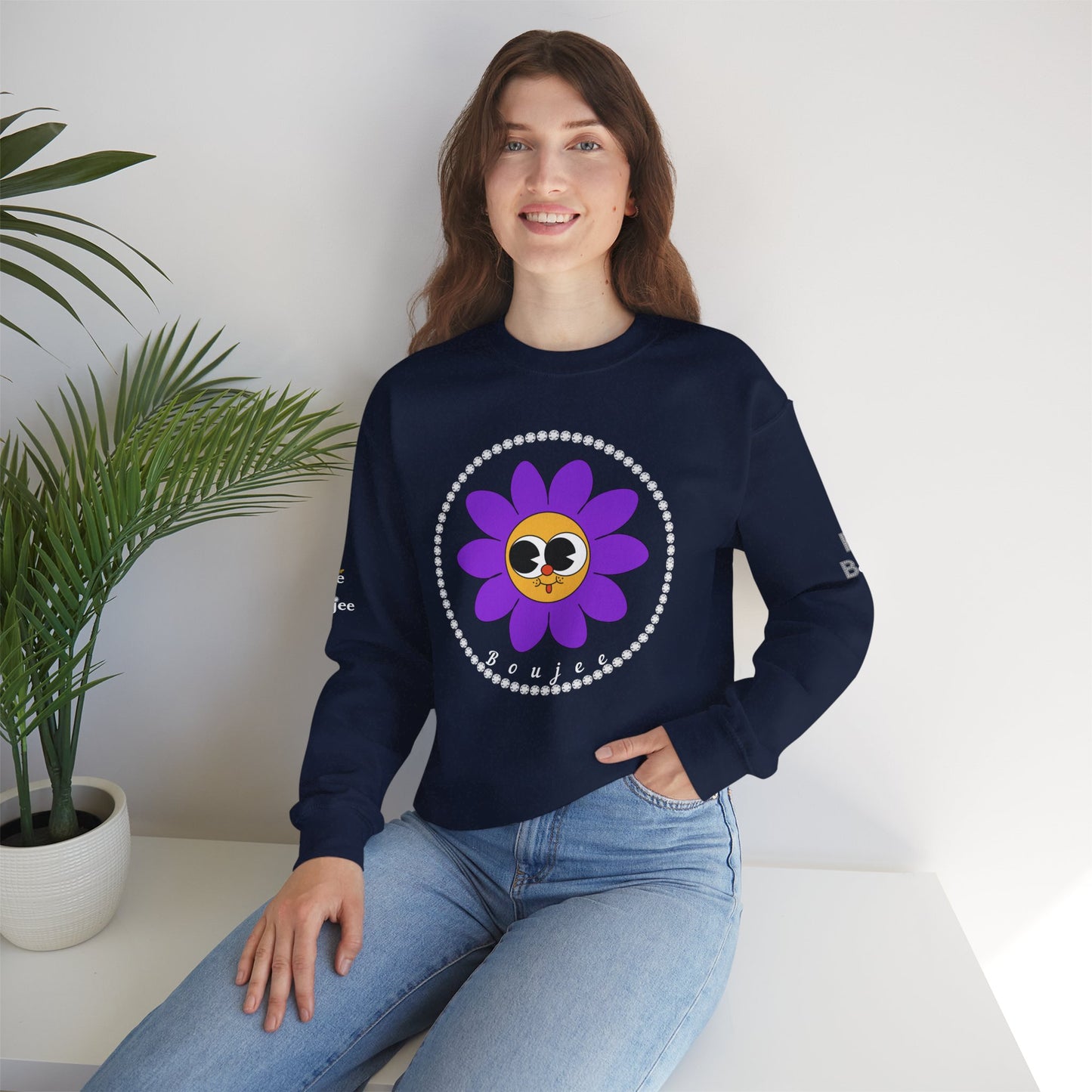 Boujee Flower Smiley Face Purple Gold Wide-Eyed - Heavy Blend™ Dark Colors Crewneck Sweatshirt