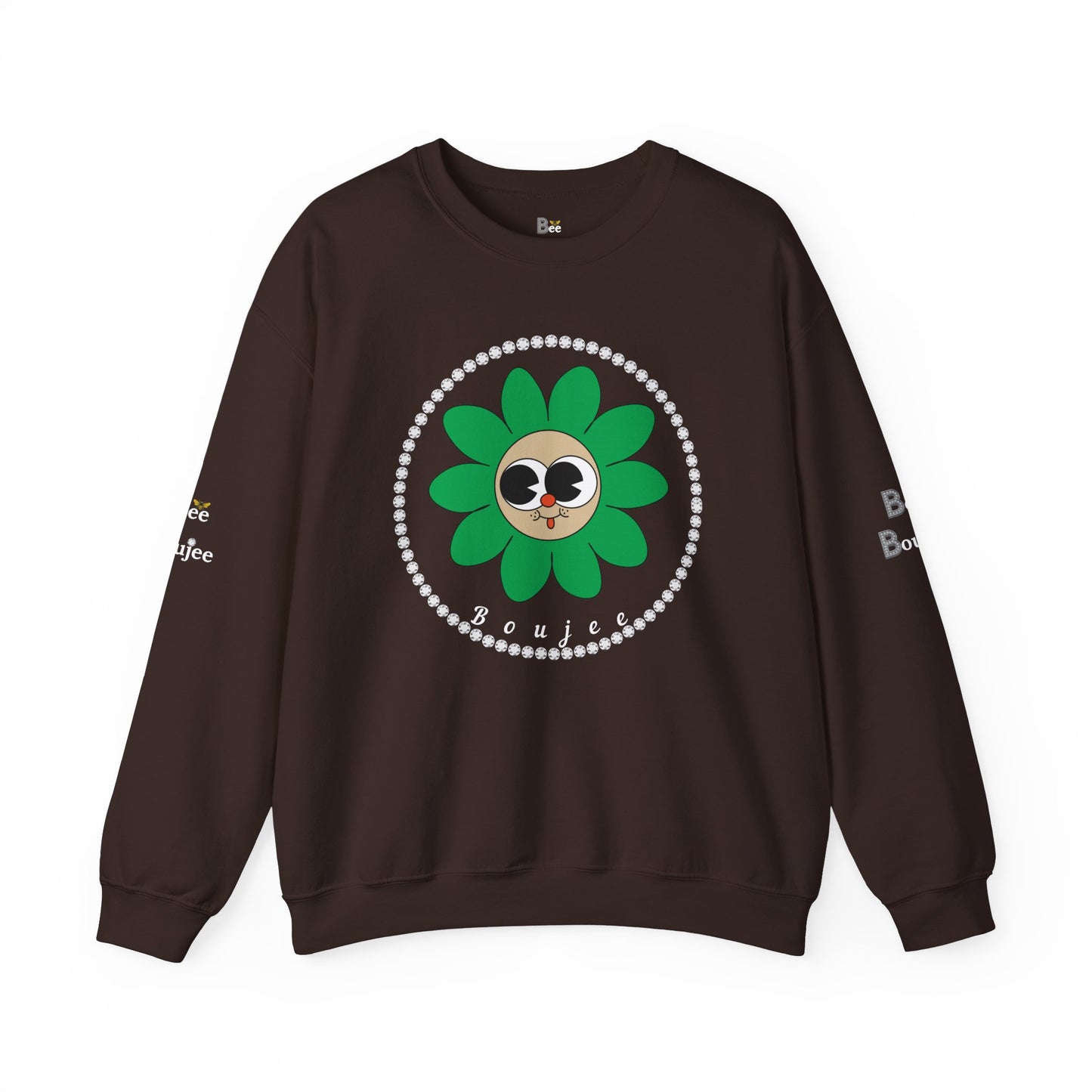 Boujee Flower Smiley Face Green Tan Wide-Eyed - Heavy Blend™ Dark Colors Crewneck Sweatshirt