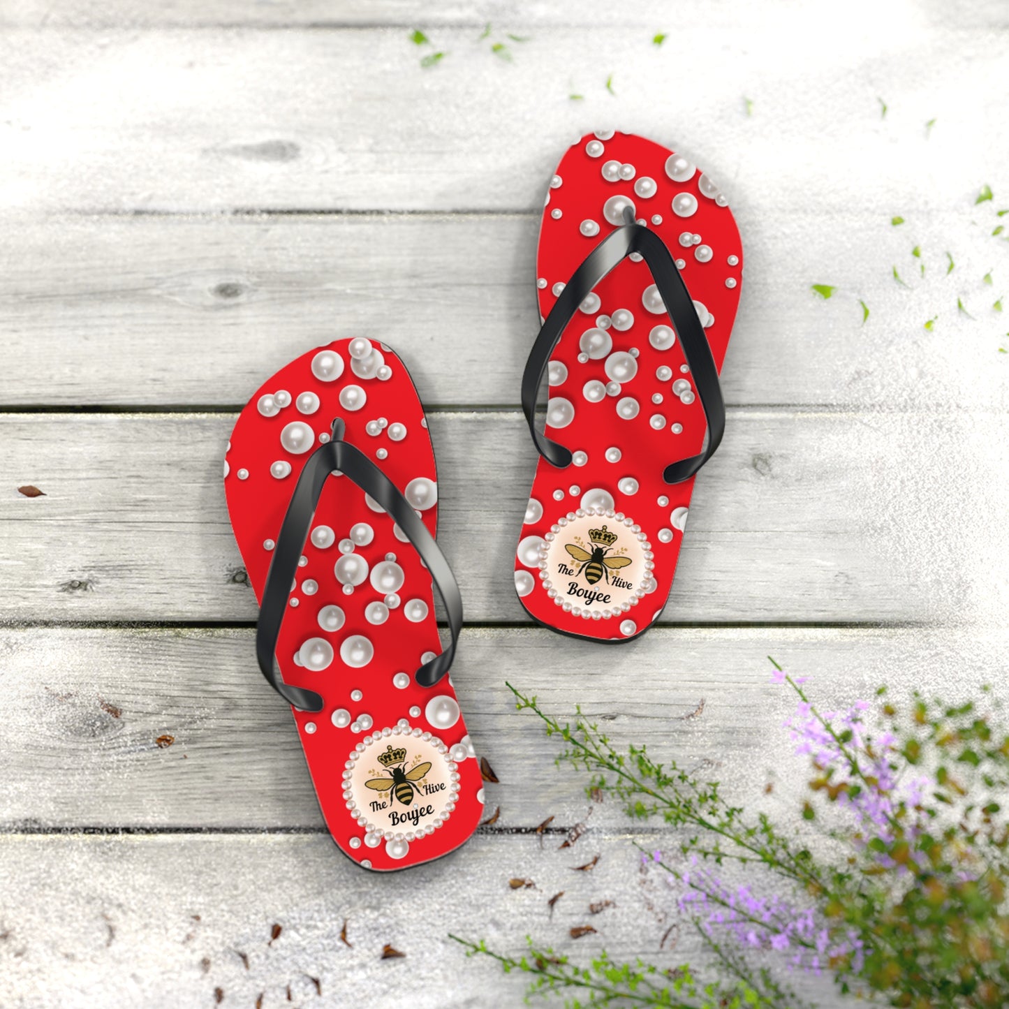 The Boujee Hive Flip Flops - RED in Sea of Pearls - MEDIUM