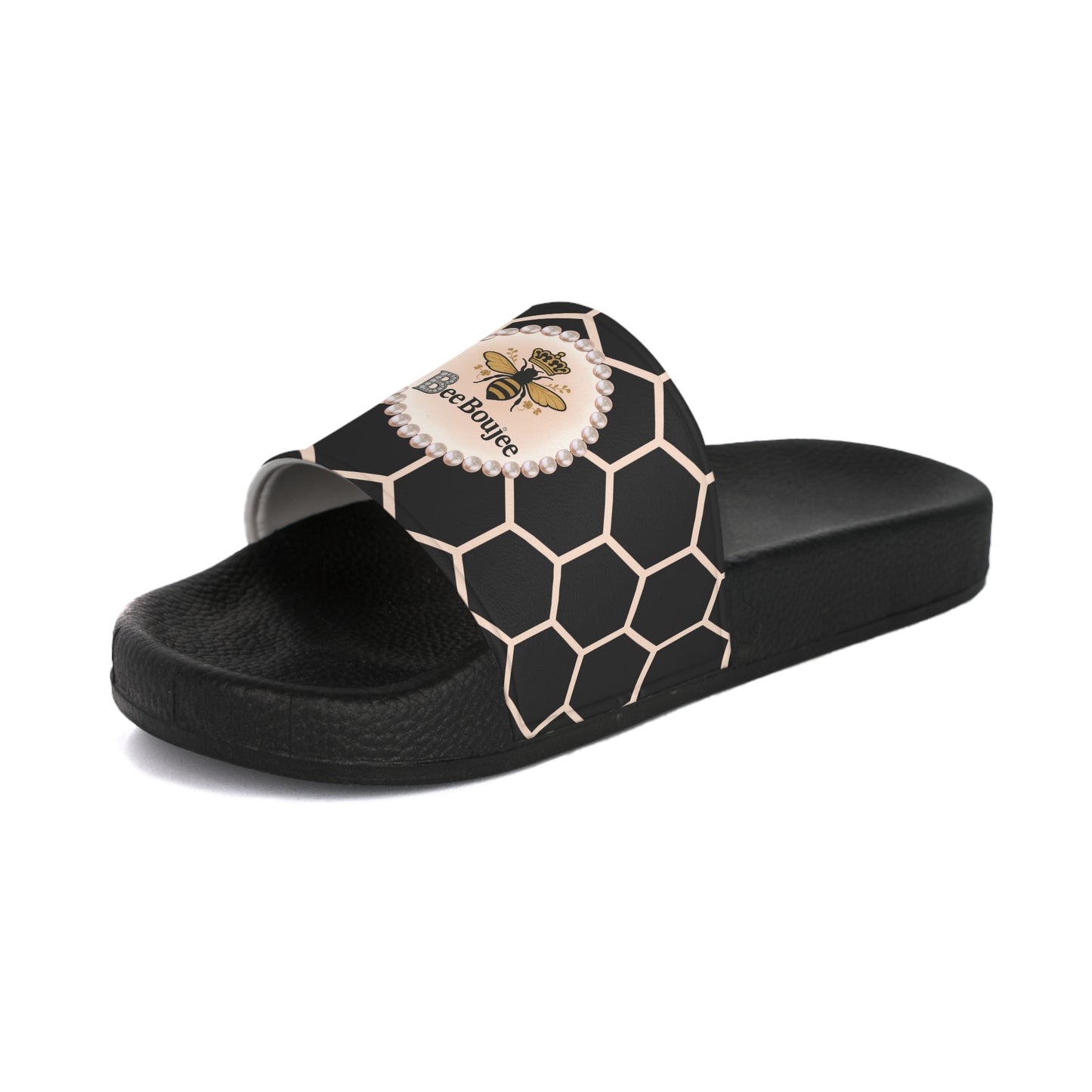 Bee Boujee Peach Honeycomb Pearl-Emblem Women’s Slides Sandals, Summer Footwear, Cute Beach Slippers, Casual Slip-Ons