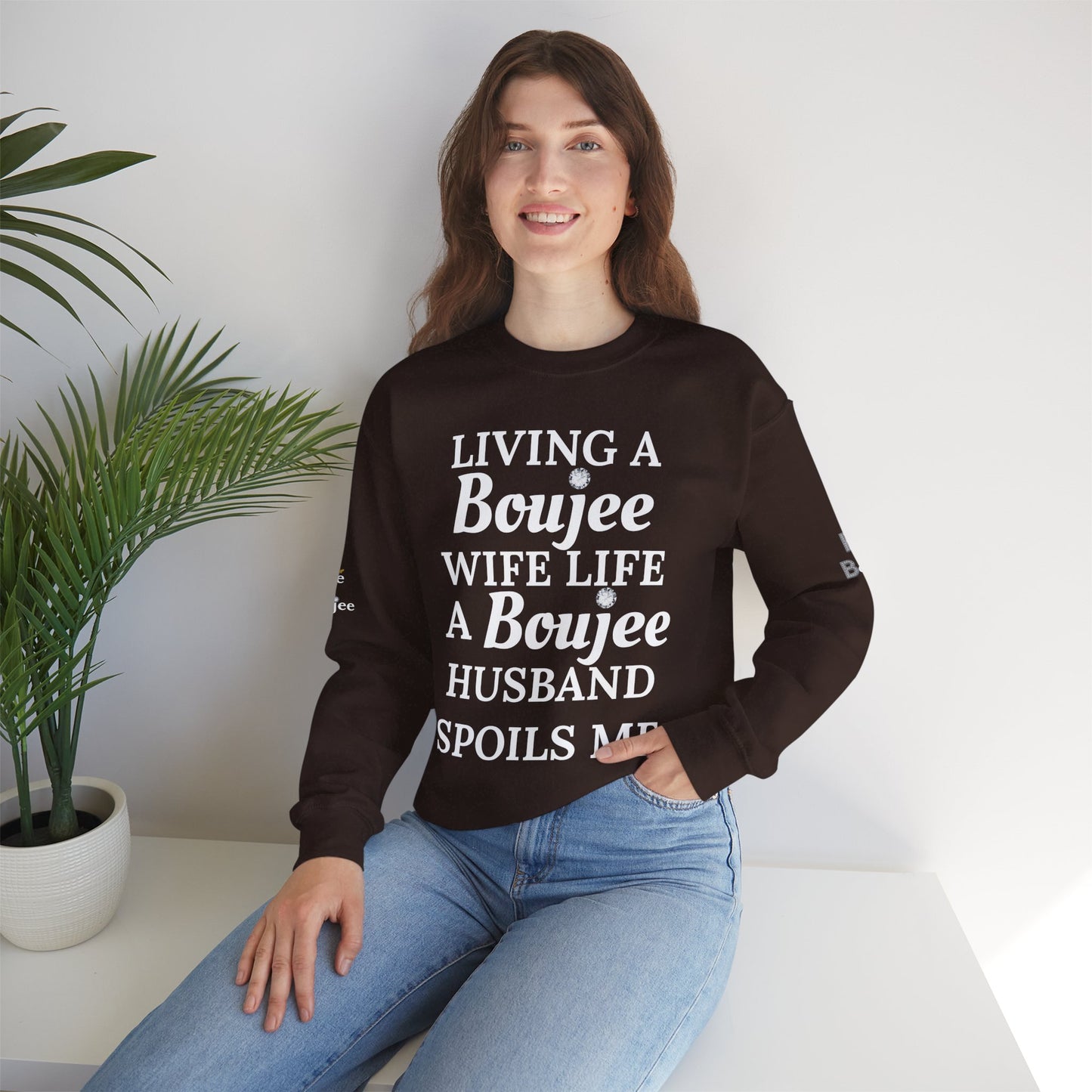 Living a Boujee Wife Life A Boujee Husband Spoils Me - Heavy Blend™ Dark Colors Crewneck Sweatshirt