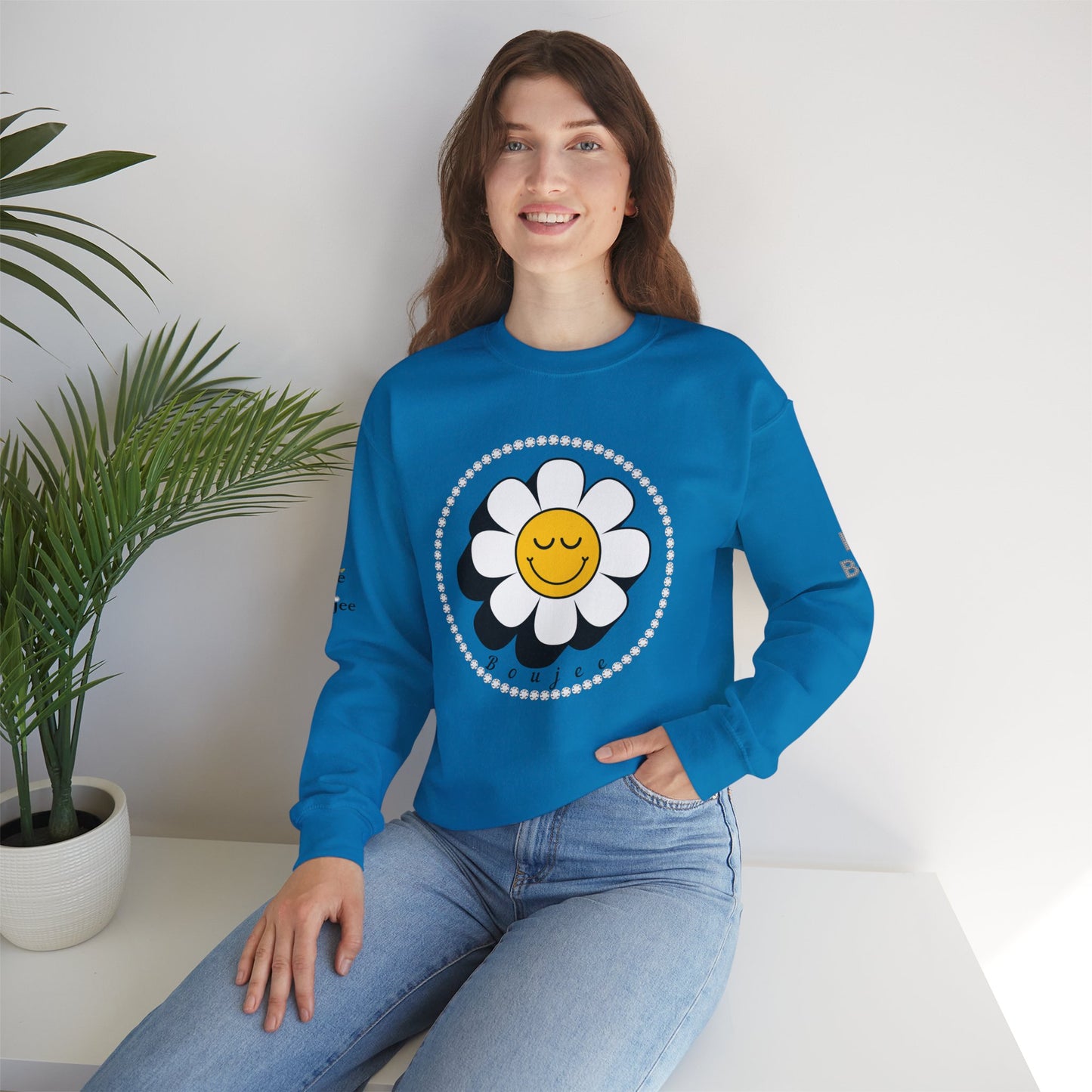 Boujee Flower Smiley Face Closed Eyes White Gold - Heavy Blend™ Light Colors Crewneck Sweatshirt