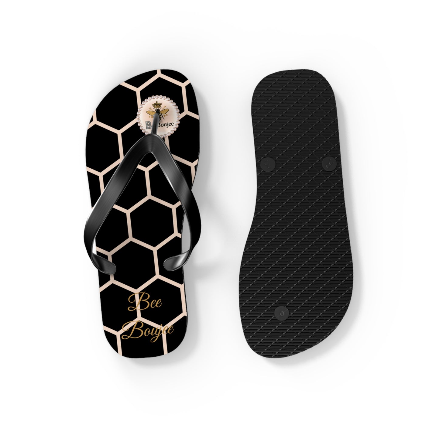 Bee Boujee Peach Honeycomb Flip-Flops (Black & Gold) - SMALL