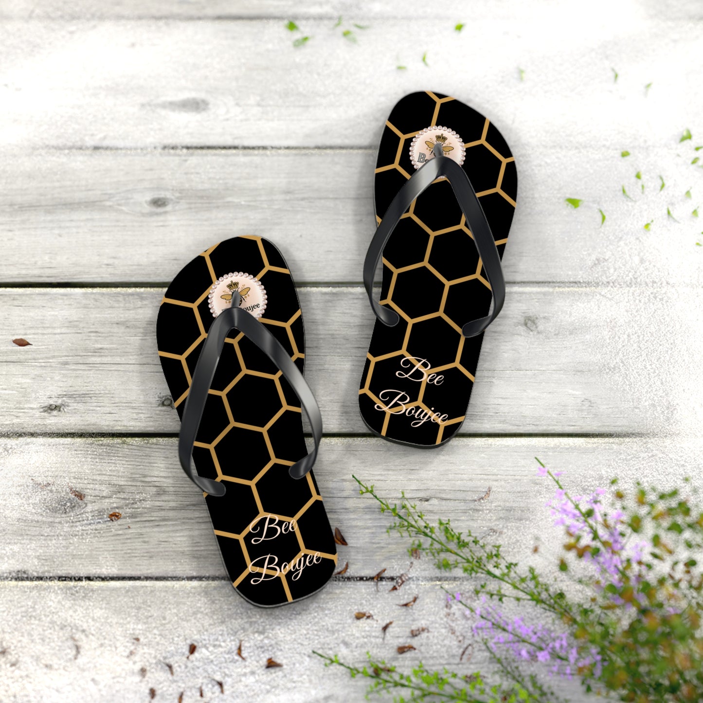 Bee Boujee Golden Honeycomb Flip-Flops (Black & Gold) - MEDIUM