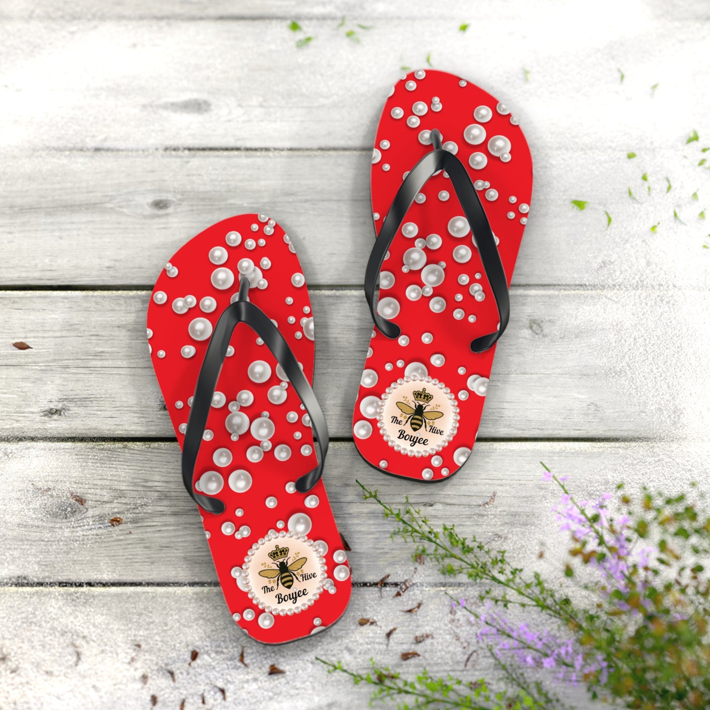 The Boujee Hive Flip Flops - RED in Sea of Pearls - EXTRA LARGE
