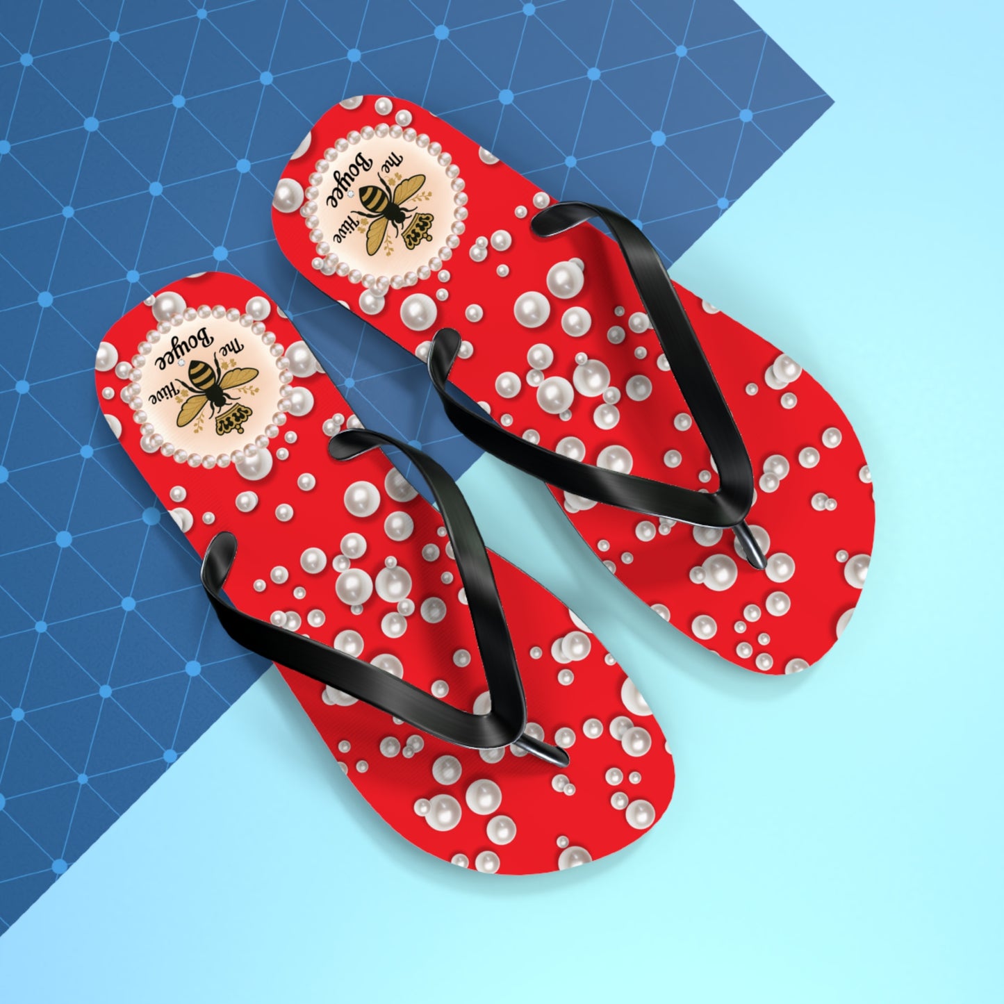 The Boujee Hive Flip Flops - RED in Sea of Pearls - LARGE