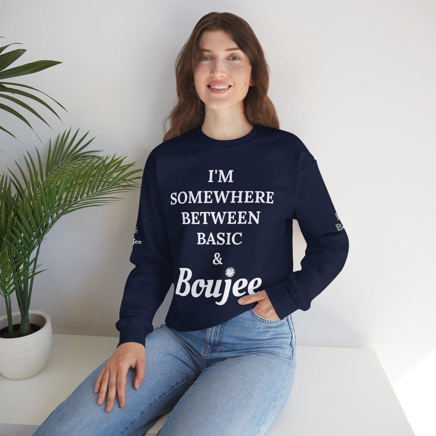 I'm Somewhere Between Basic & Boujee - Heavy Blend™ Dark Colors Crewneck Sweatshirt