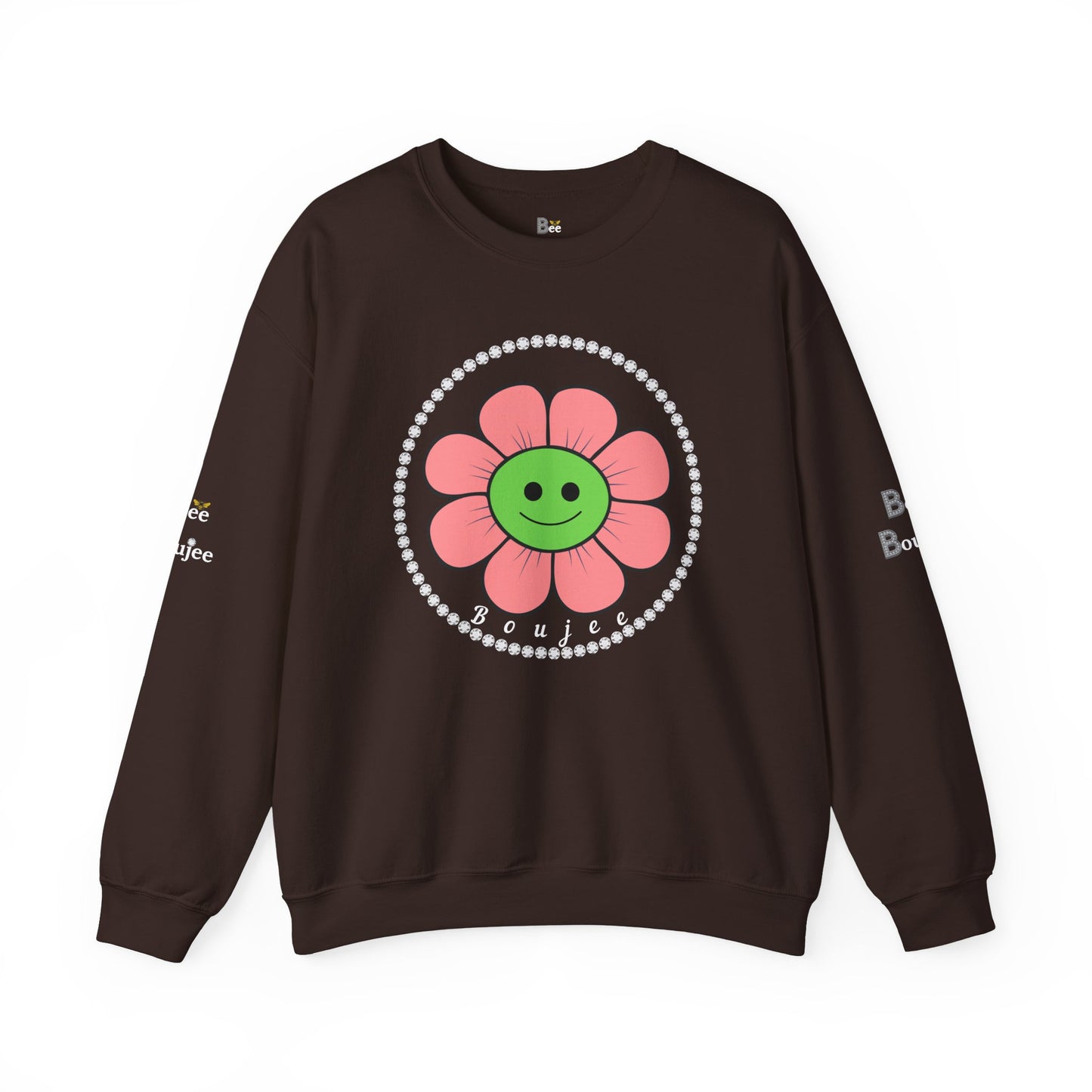 Boujee Flower Smiley Face Pink Green - Heavy Blend™ Dark Colors Crewneck Sweatshirt