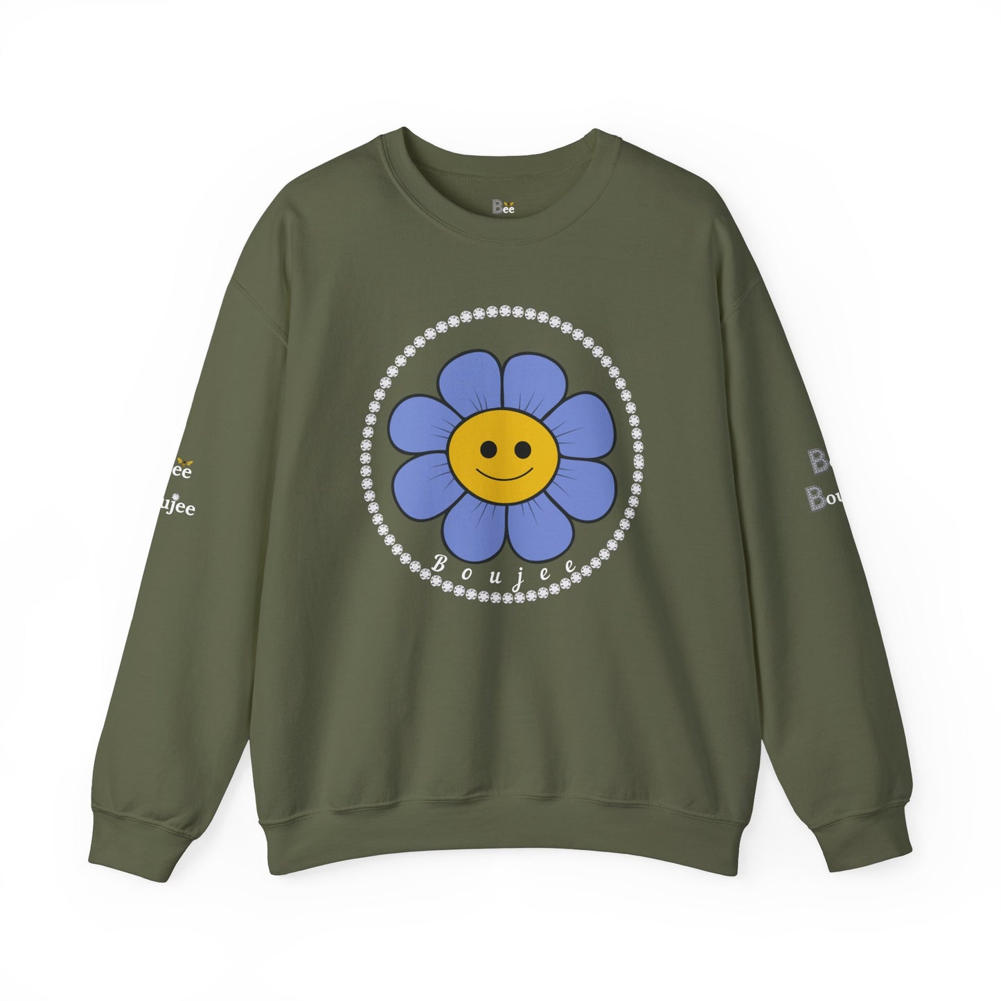 Boujee Flower Smiley Face Blue Gold - Heavy Blend™ Dark Colors Crewneck Sweatshirt