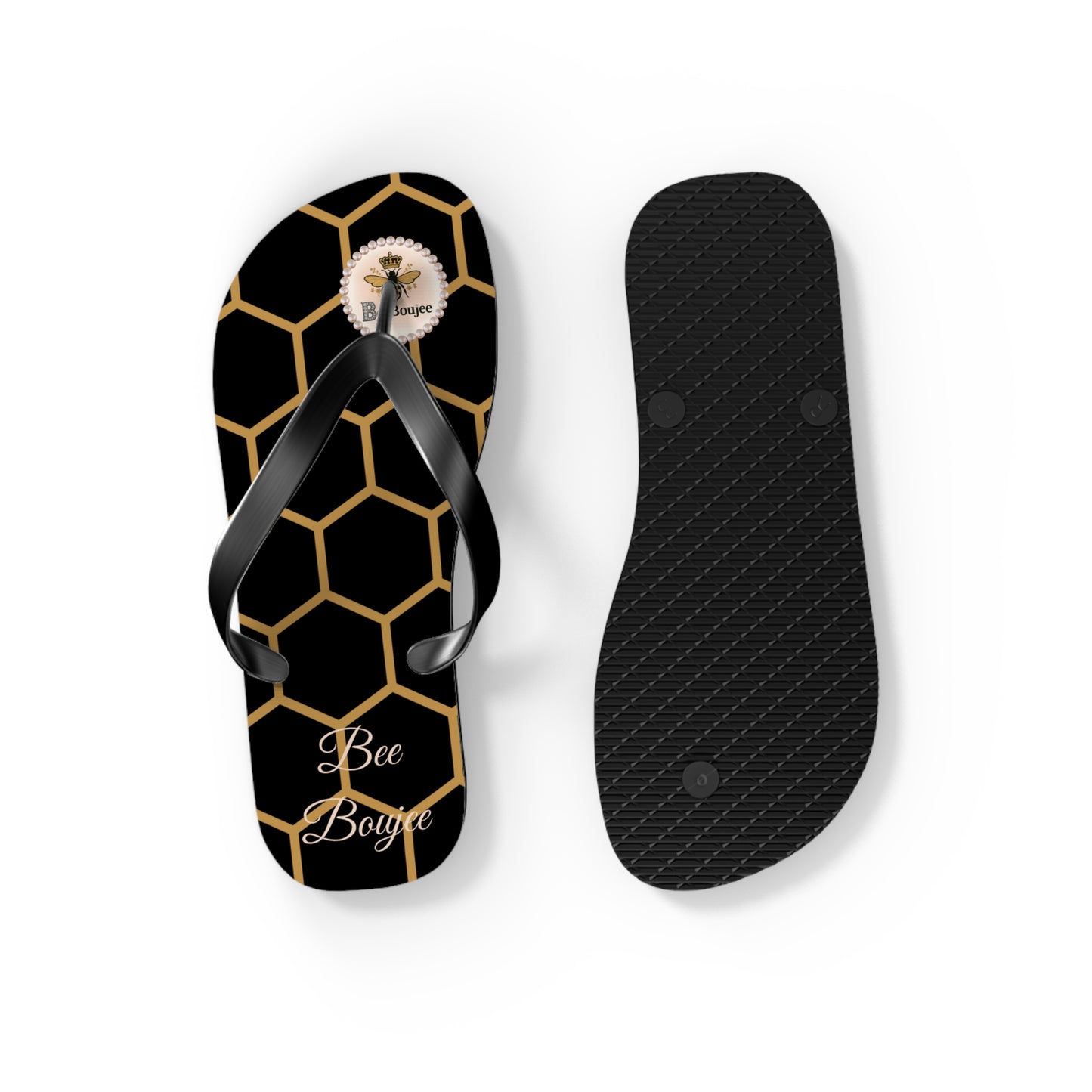 Bee Boujee Golden Honeycomb Flip-Flops (Black & Gold) - SMALL