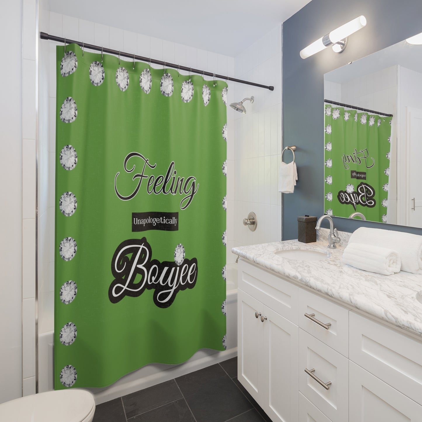 Feeling Boujee - Shower Curtain GREEN with DIAMONDS