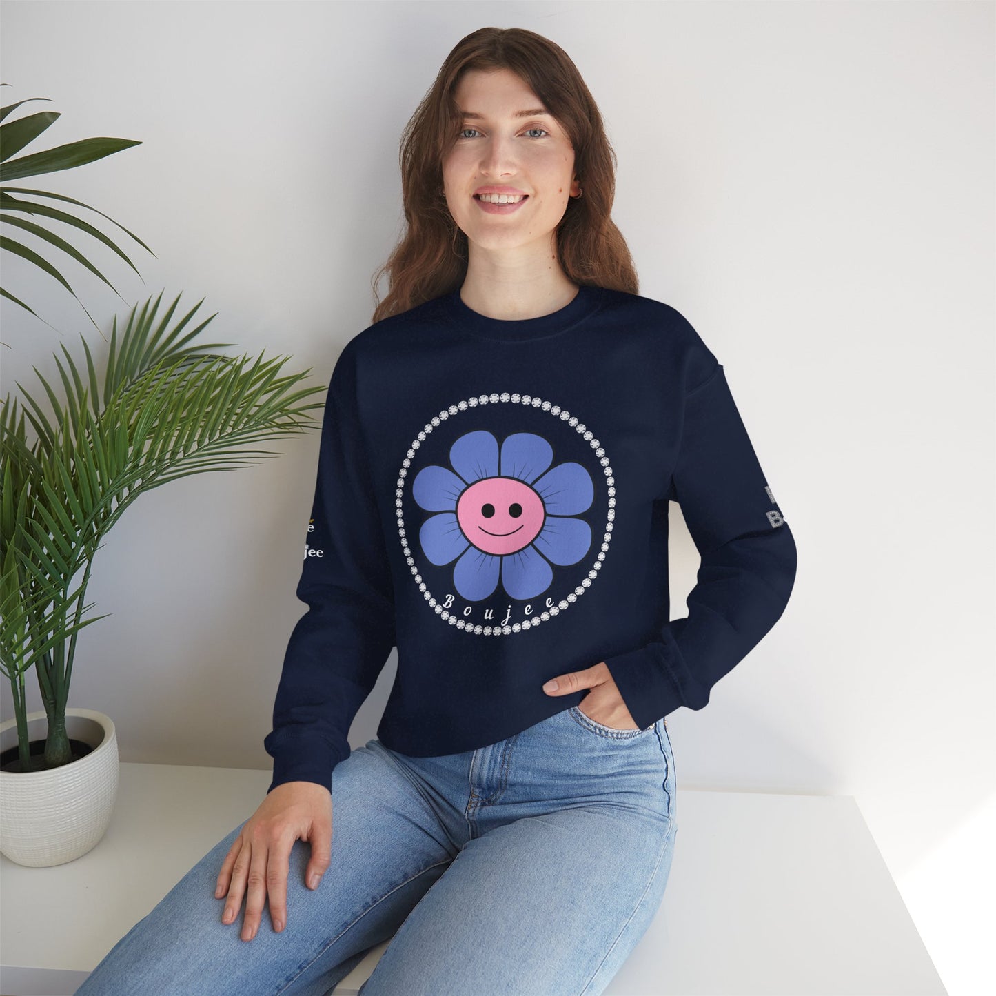 Boujee Flower Smiley Face Blue Pink - Heavy Blend™ Dark Colors Crewneck Sweatshirt