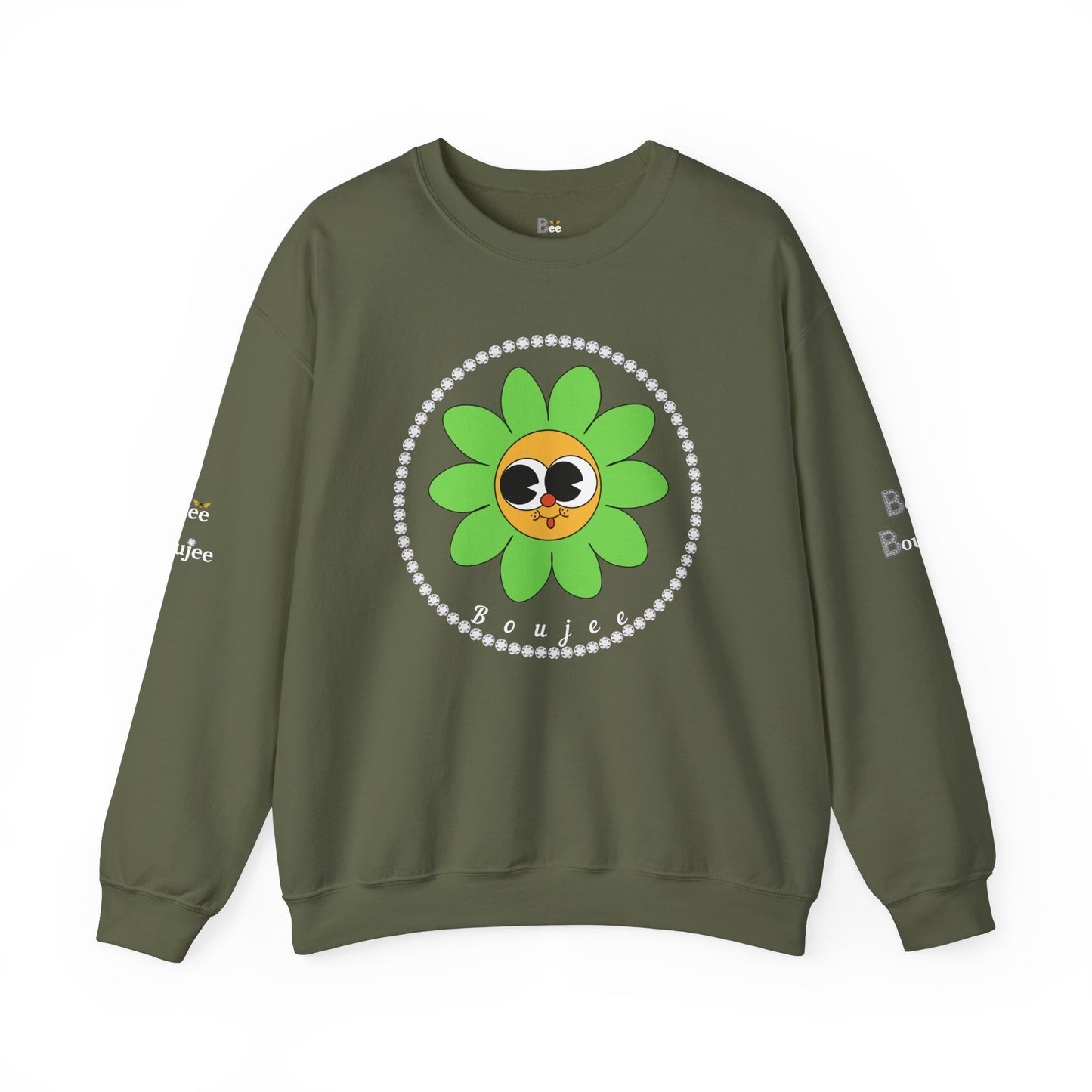 Boujee Flower Smiley Face Green Gold Wide-Eyed - Heavy Blend™ Dark Colors Crewneck Sweatshirt