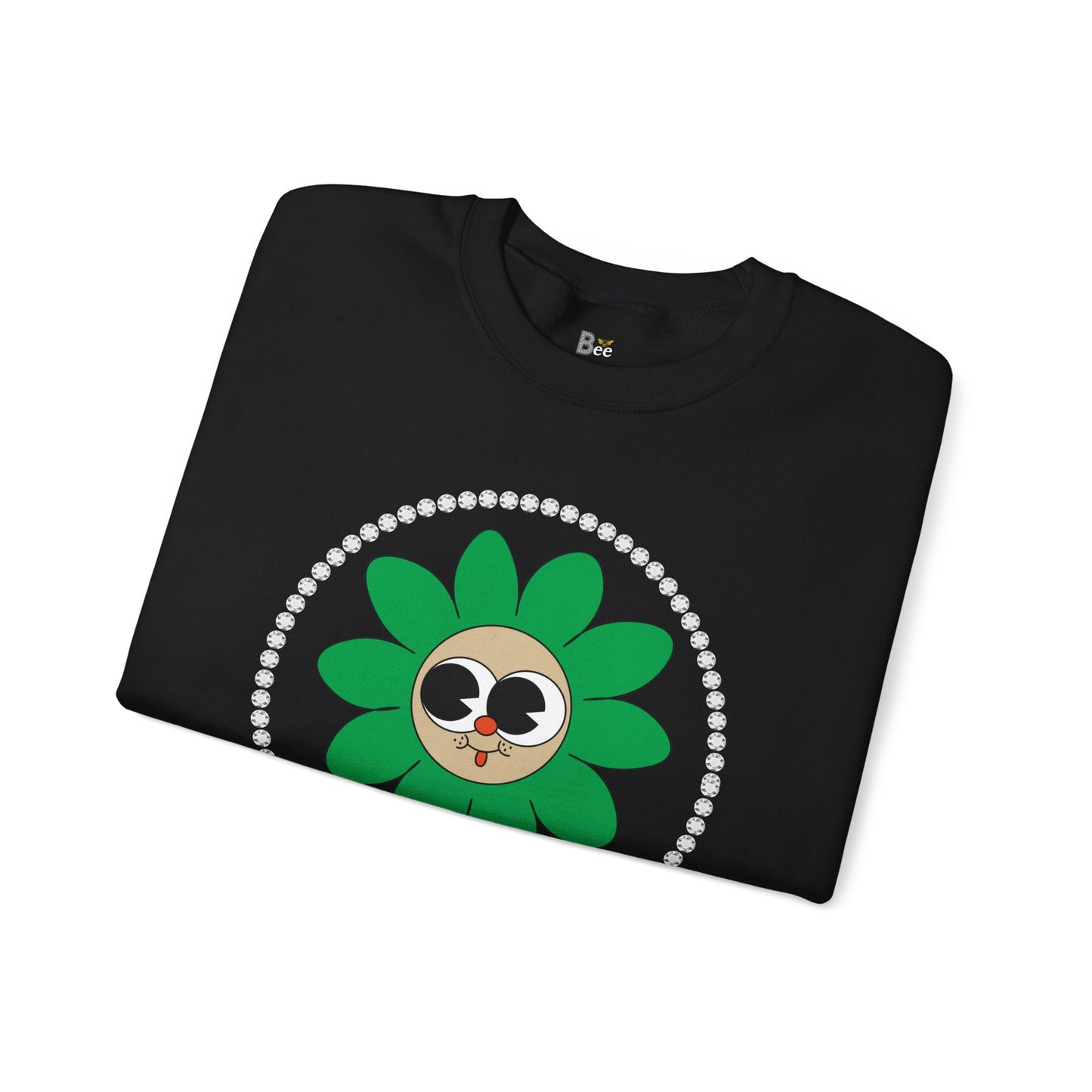 Boujee Flower Smiley Face Green Tan Wide-Eyed - Heavy Blend™ Dark Colors Crewneck Sweatshirt