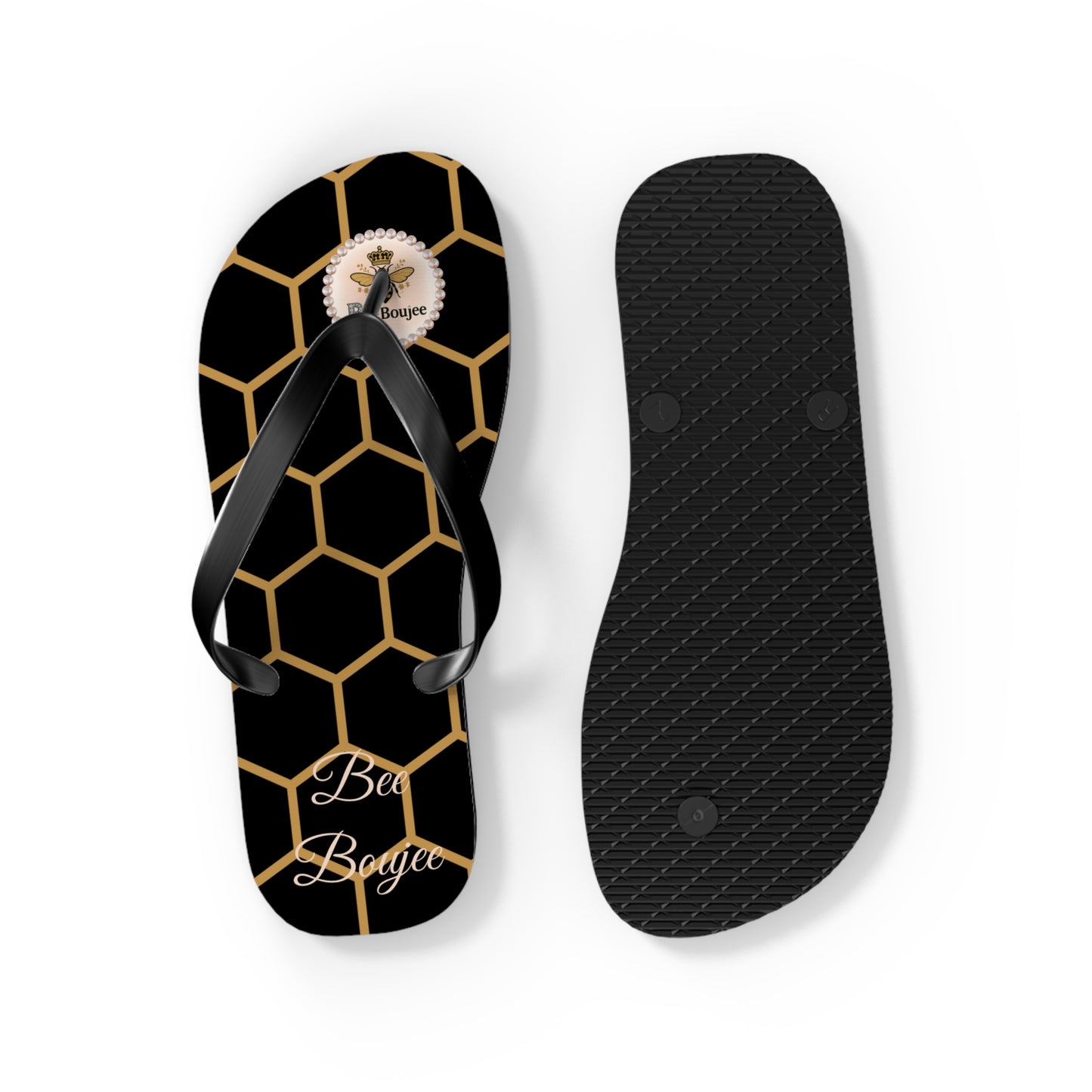 Bee Boujee Golden Honeycomb Flip-Flops (Black & Gold) - MEDIUM