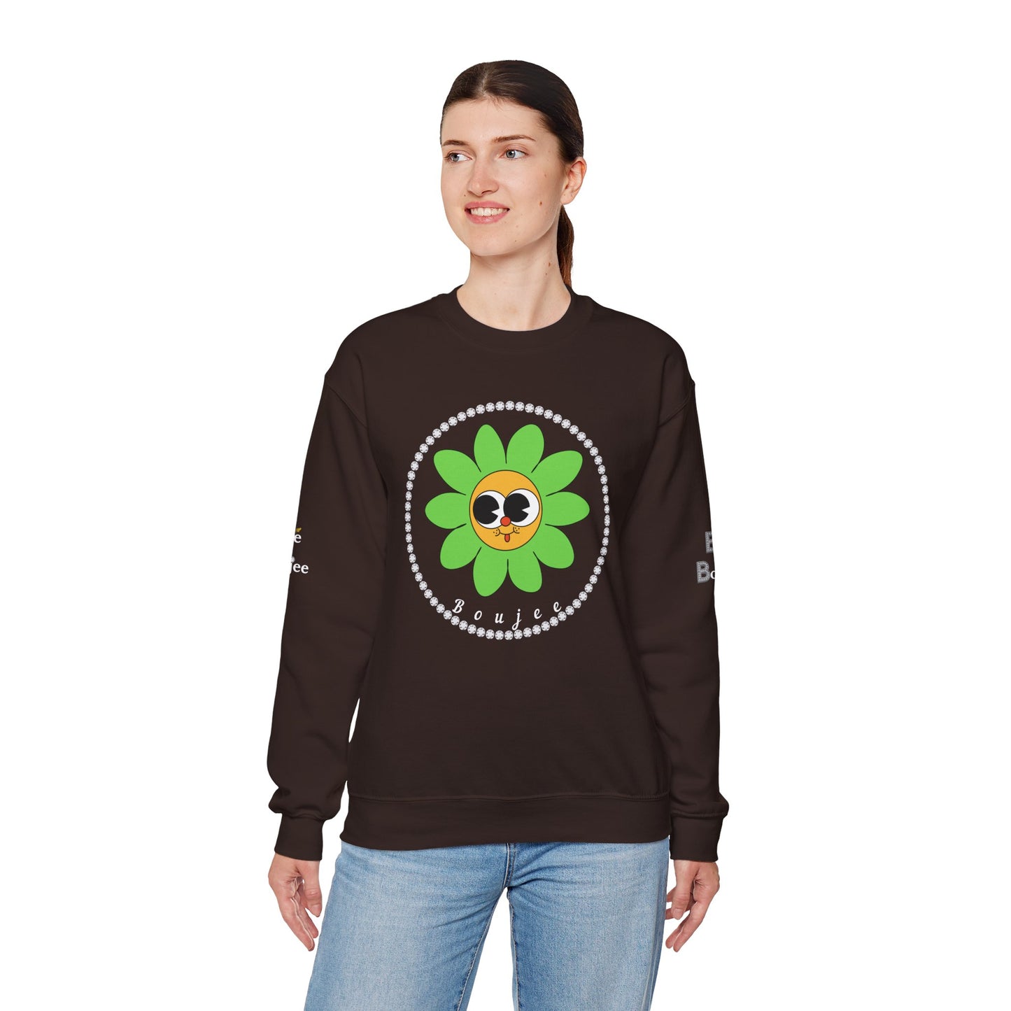 Boujee Flower Smiley Face Green Gold Wide-Eyed - Heavy Blend™ Dark Colors Crewneck Sweatshirt