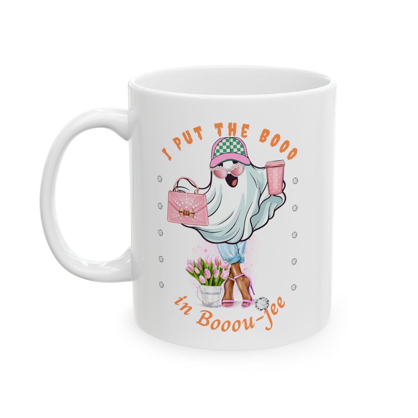 Halloween Booo in Boooujee WHITE Ceramic Mug, 11oz - BROWN SKIN TONE