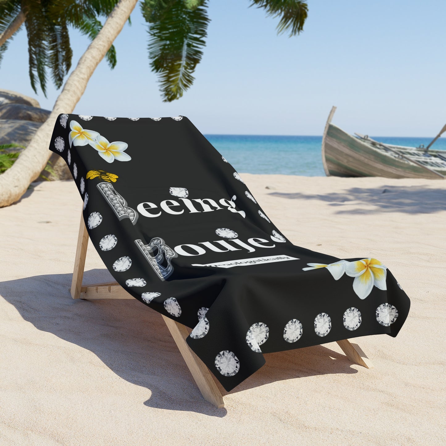 Beeing Boujee Diamonds - Beach Towel BLACK Tropical Flowers