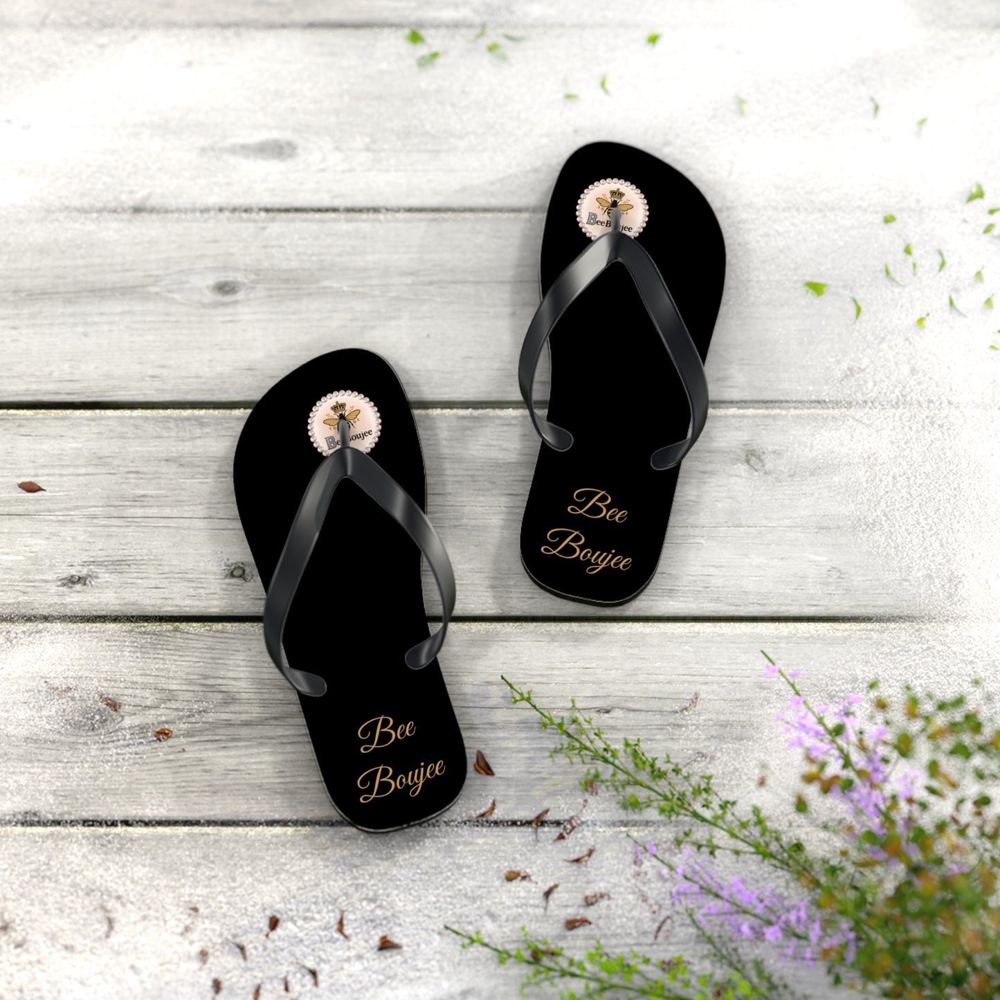 Bee Boujee Crowned-Bee Flip-Flops (Black & Gold) - SMALL