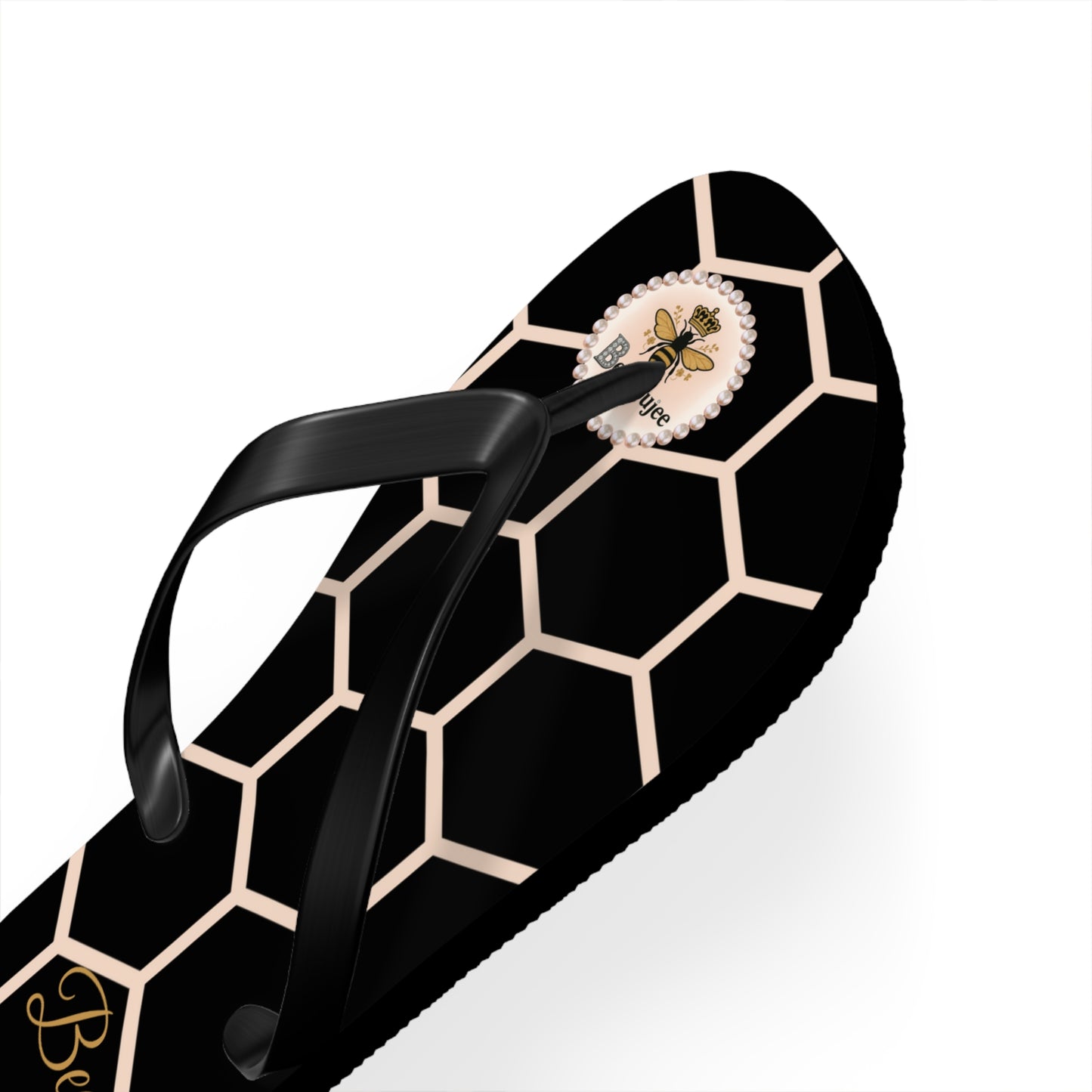 Bee Boujee Peach Honeycomb Flip-Flops (Black & Gold) - SMALL